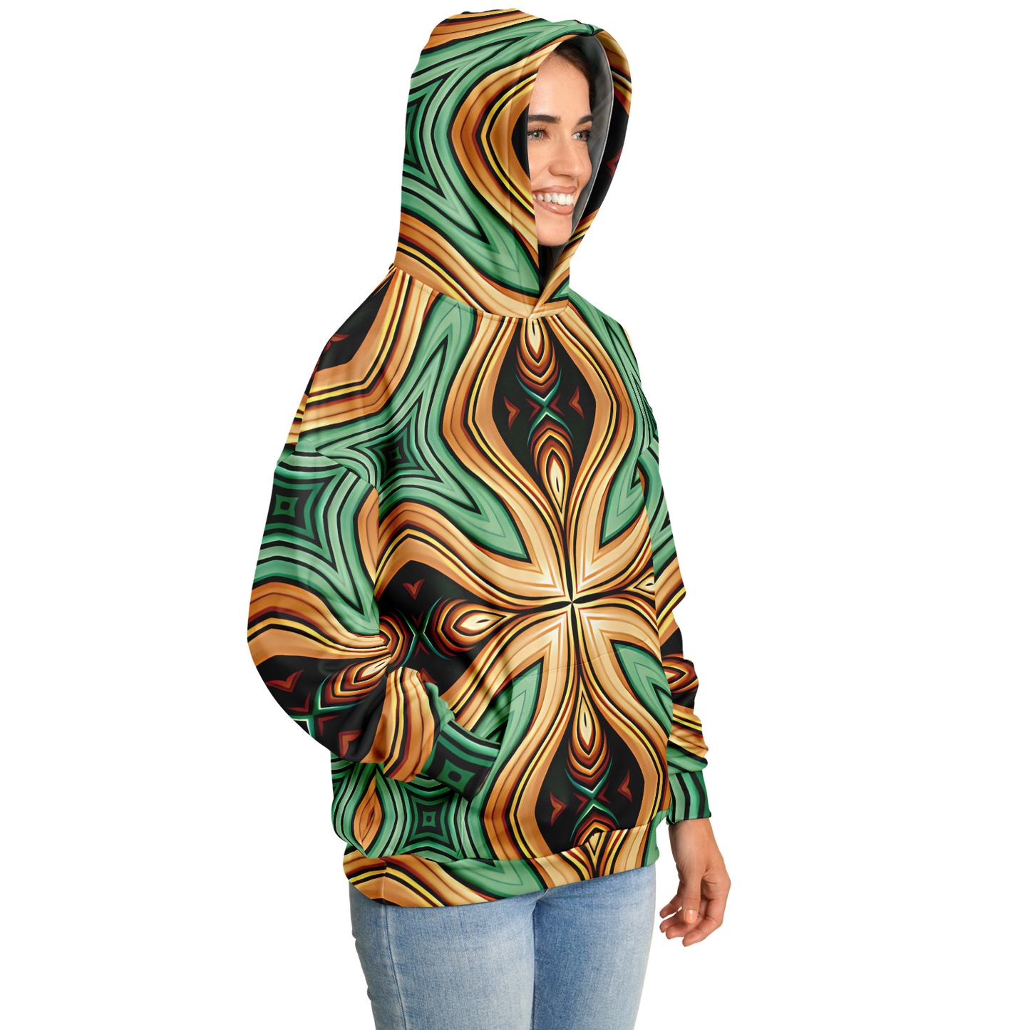Women's  Green & Gold Retro Kaleidoscope Pattern Heavyweight Oversized Hoodie