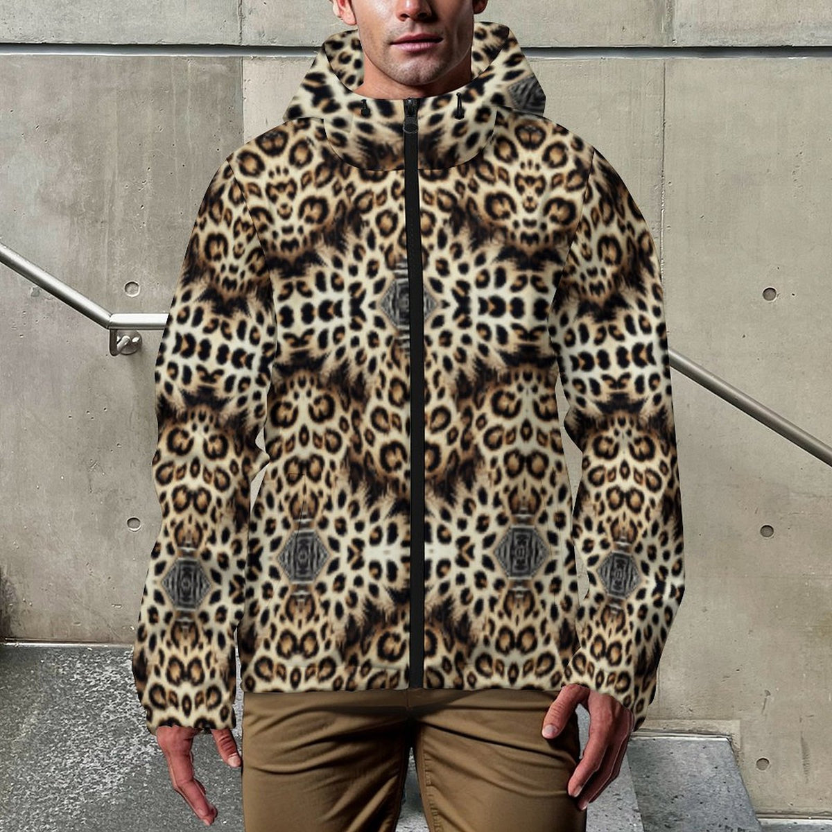 Men's Leopard Trendy Geometric Pattern All-Over Print Hooded Windbreaker Jacket