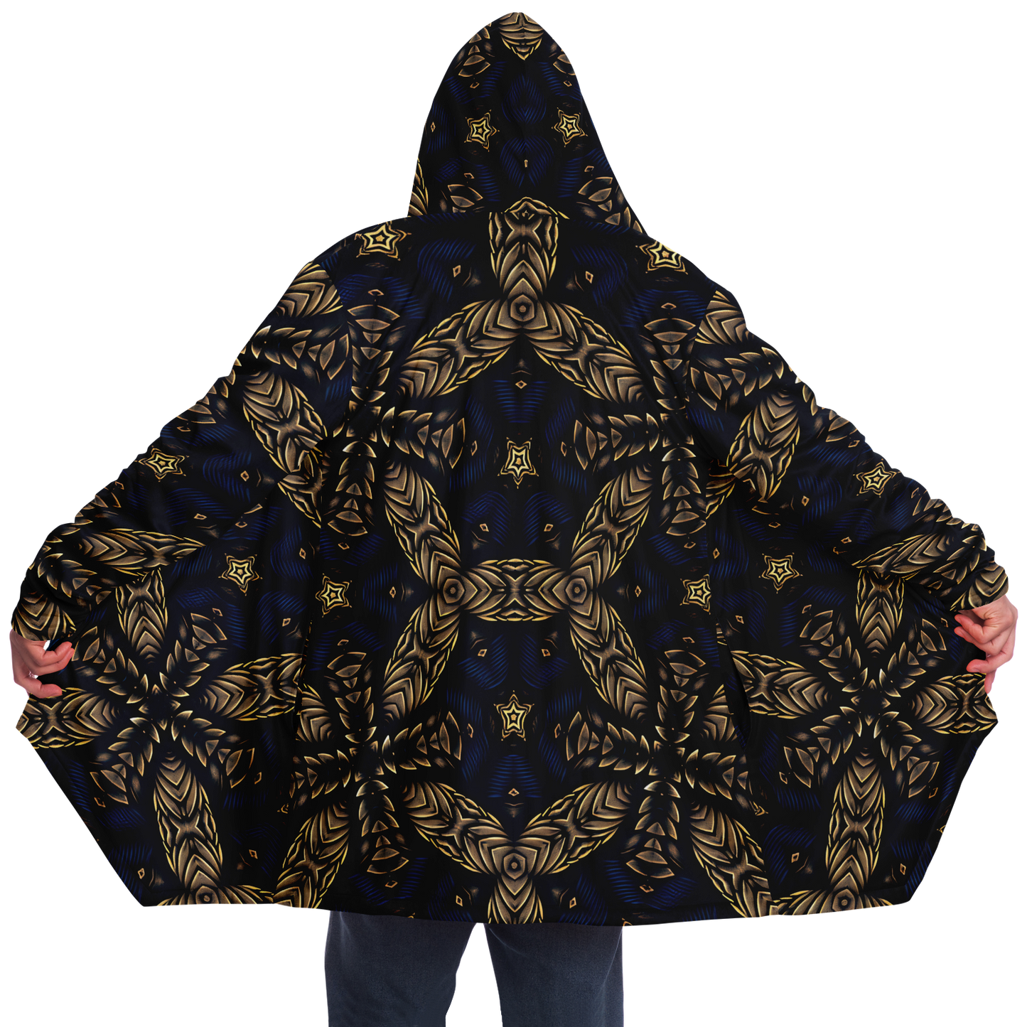Men's Asymmetrical Gold, Blue & Black Pattern All Over Print Microfleece Cloak