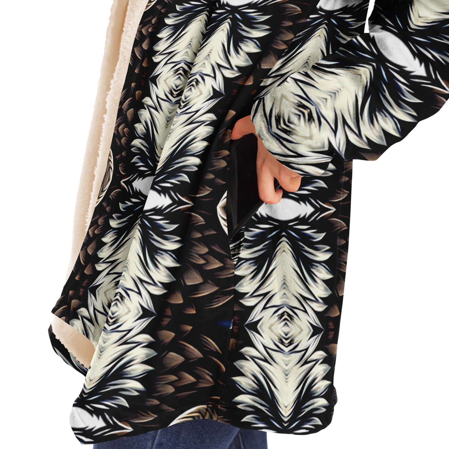 Women's Black White & Brown Kaleidoscope Pattern All Over Print Microfleece Cloak