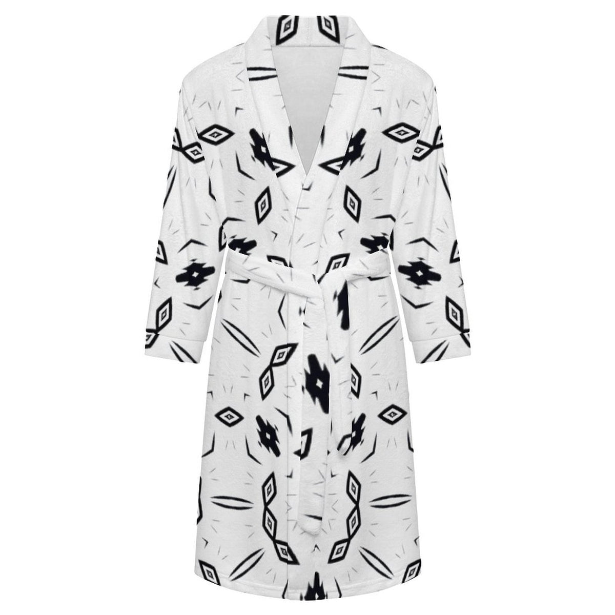 Men's Black & White Geometric Pattern Design All-Over Print Flannel Adult Lounge Robe