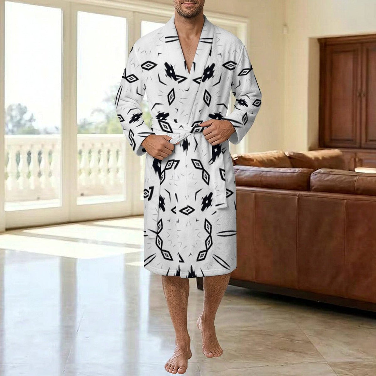 Men's Black & White Geometric Pattern Design All-Over Print Flannel Adult Lounge Robe