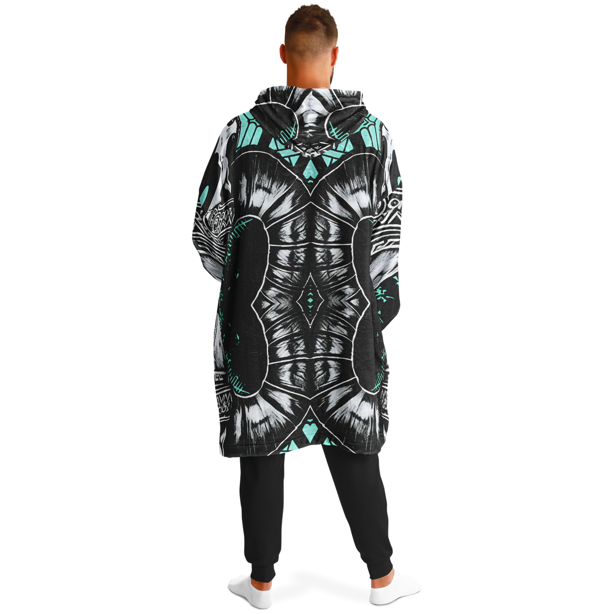 Men's Teal Black White & Green Geometric Pattern All Over Print Snug Hoodie Economy