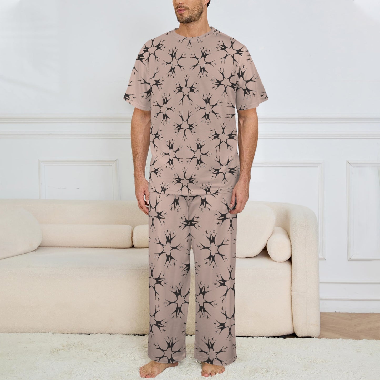 Men's Blush Pink Kaleidoscope Pattern All Over Print Crew Neck Pajama Set
