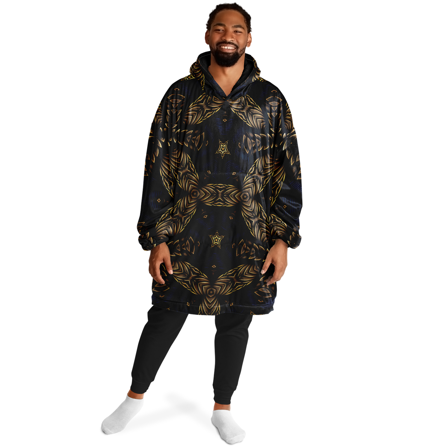 Men's Asymmetrical Gold, Blue & Black Pattern All Over Print Snug Hoodie