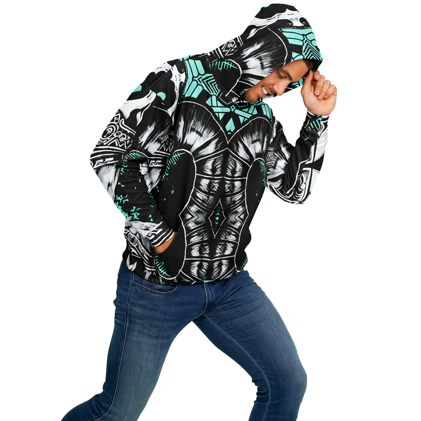 Men's Teal Black White & Green Geometric Pattern All Over Print Heavyweight Oversized Hoodie