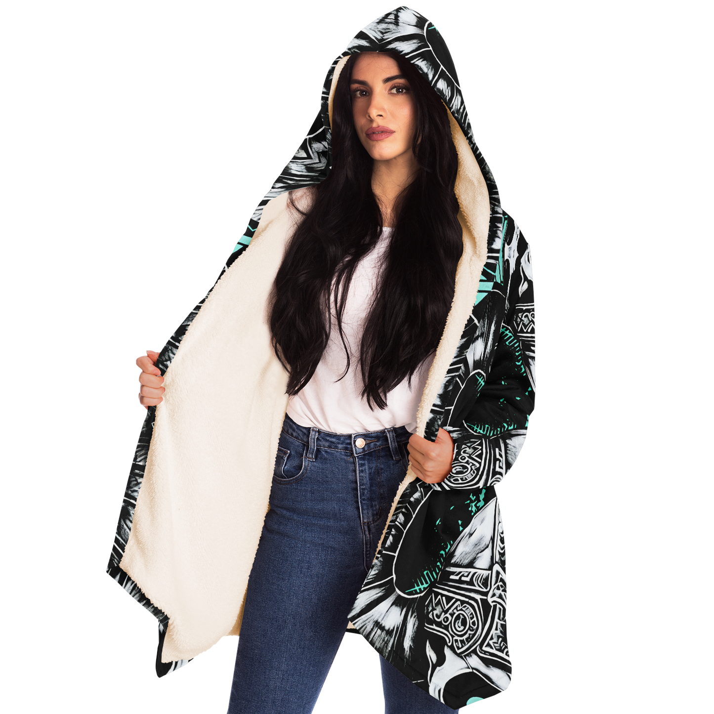 Women's Teal Black White & Green Geometric Pattern All Over Print Microfleece Cloak