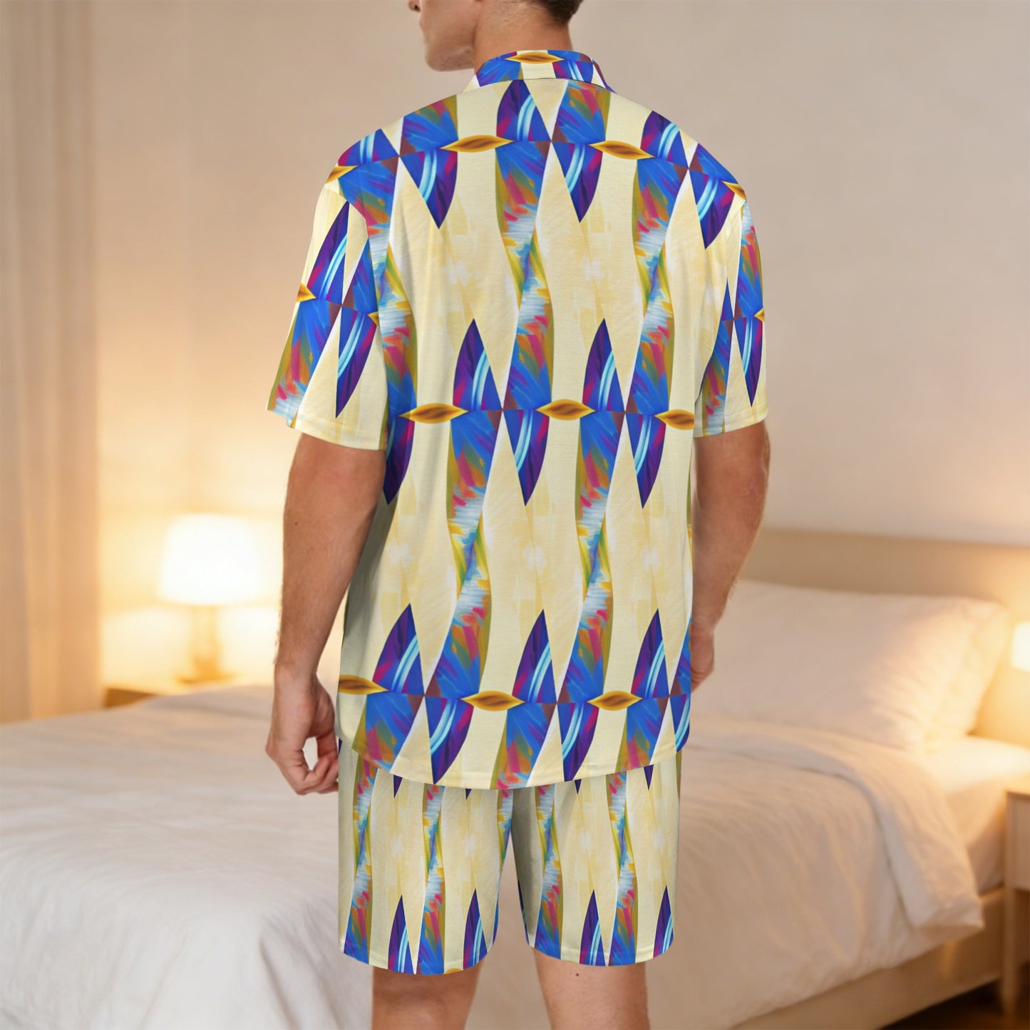 Men's Abstract Blue Wave Pattern All Over Print V-Neck Short Pajama Set