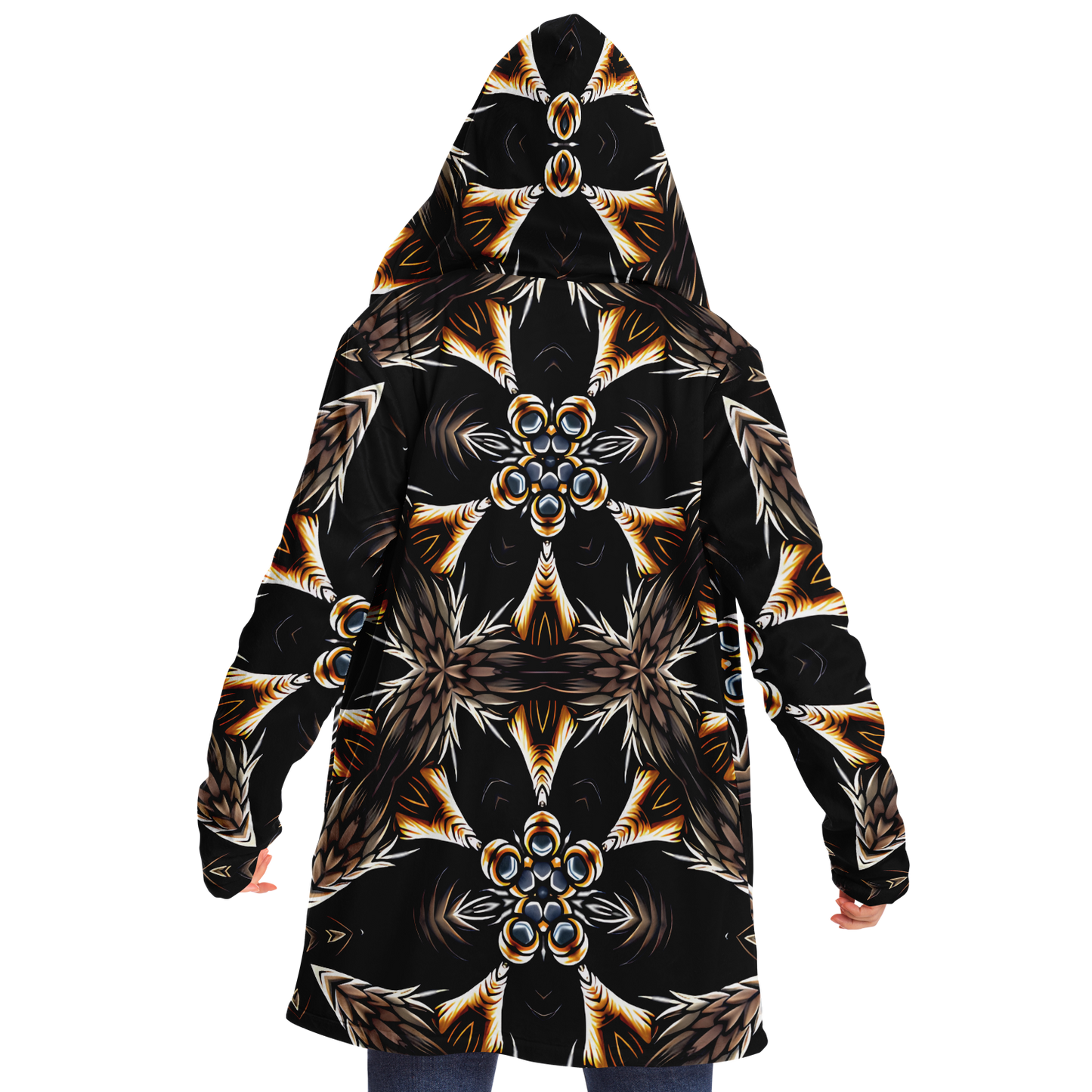 Women's Geometric Black & Gold Kaleidoscope Print Microfleece Cloak