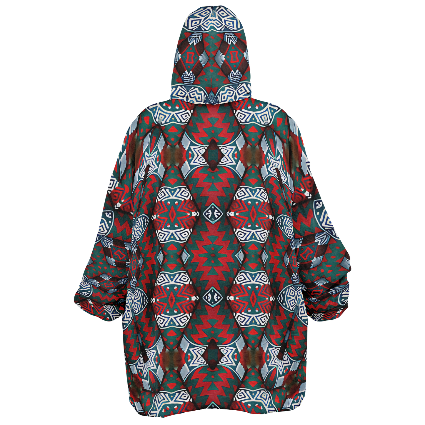 Women's Red & Teal Geometric Pattern Snug Hoodie Economy