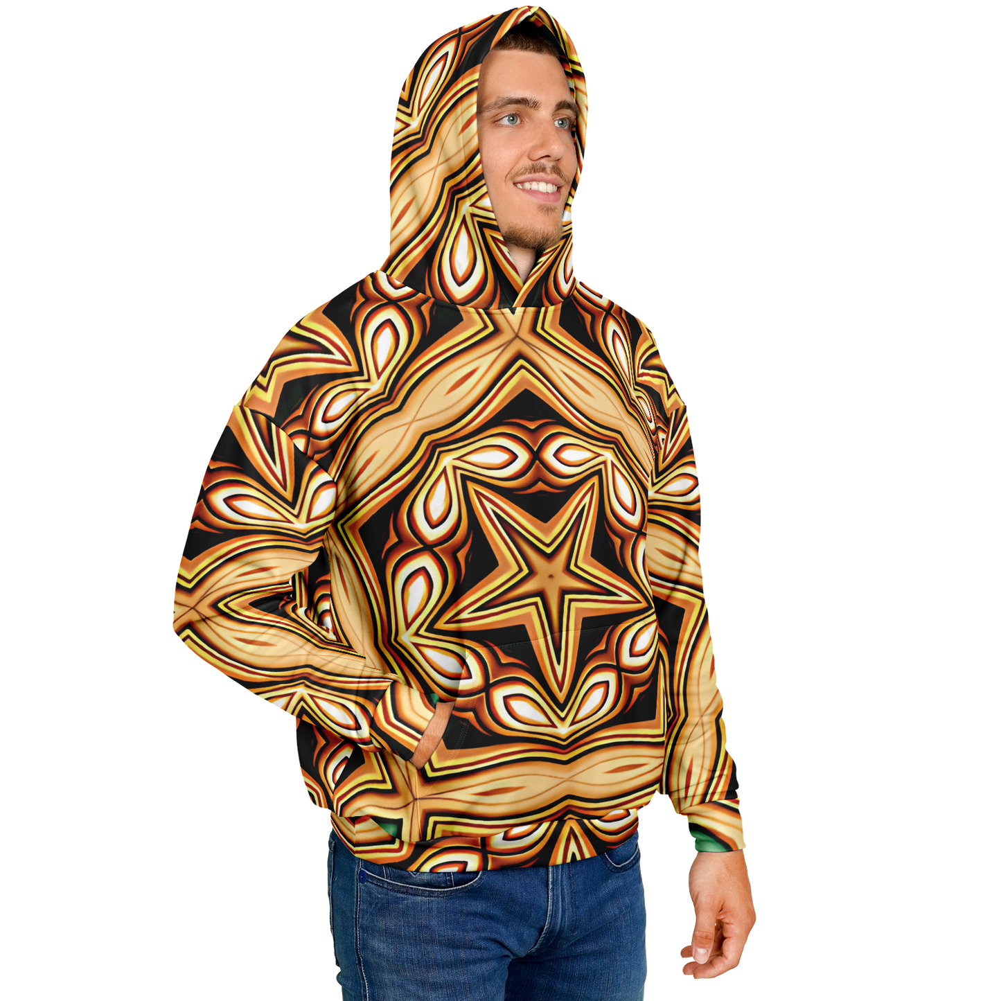 Men's Retro Geometric Brown & Teal Pattern Heavyweight Oversized Hoodie
