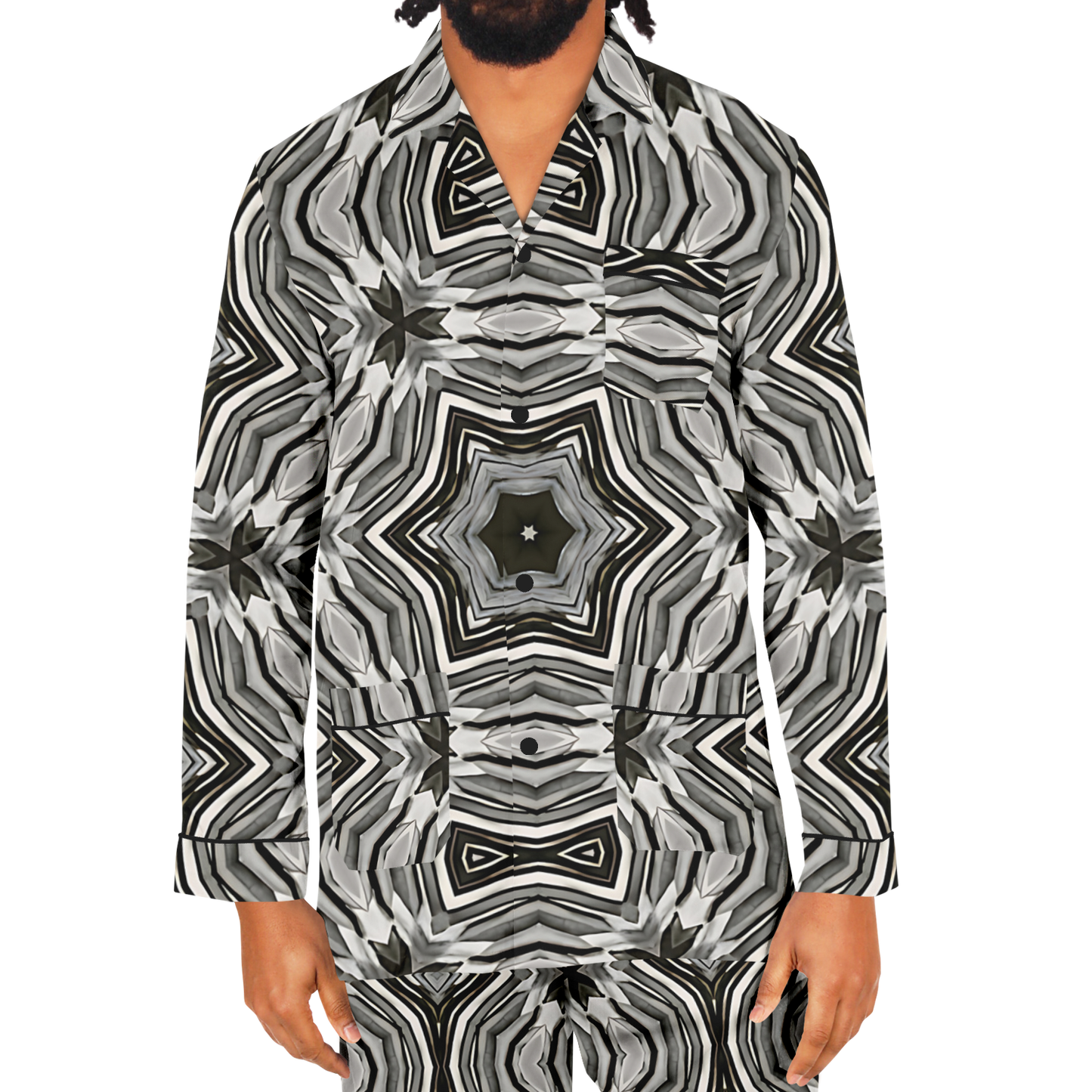 Men's Monochrome Kaleidoscope Pattern Satin Pajamas