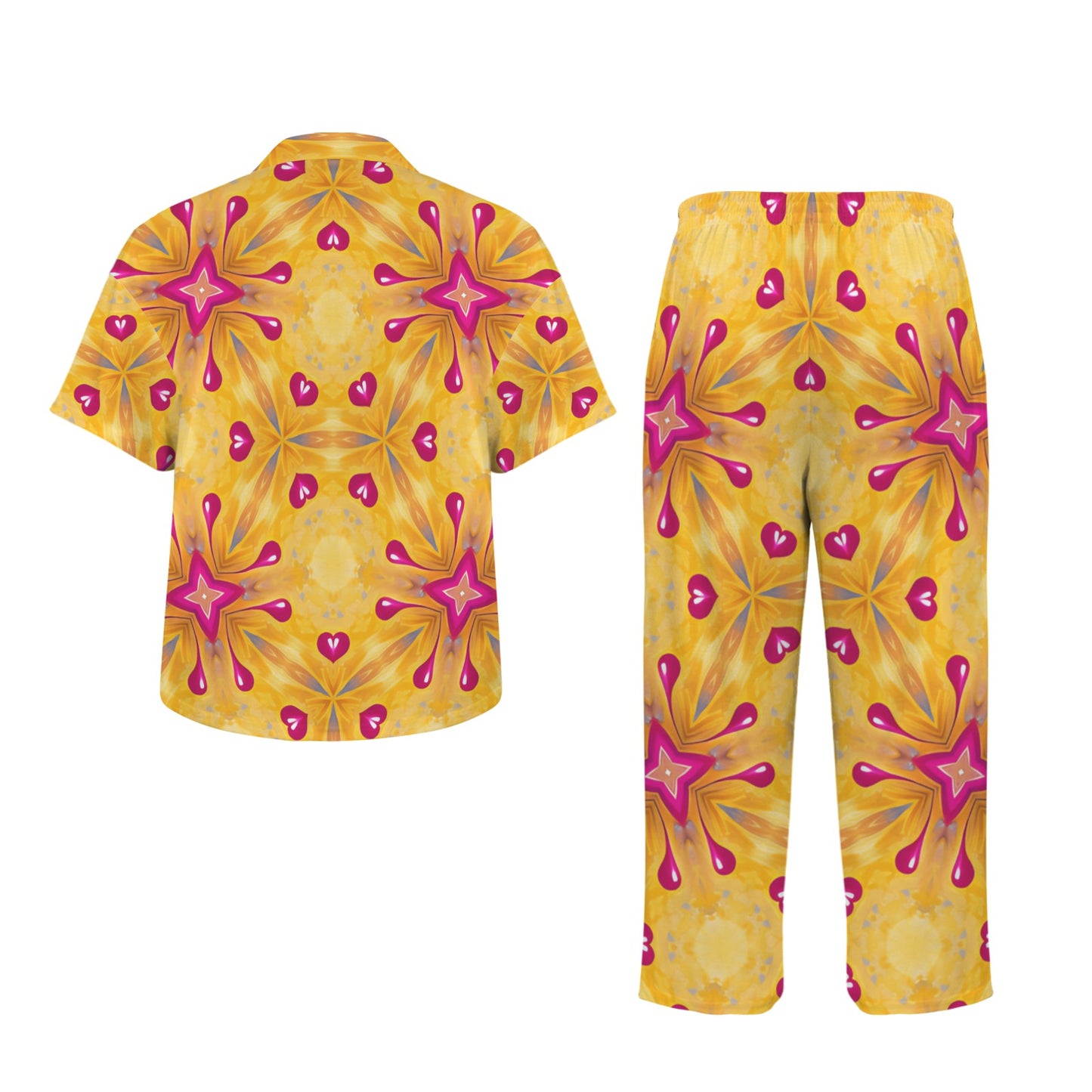 Women's Yellow Kaleidoscope Heart Pattern All Over Print V-Neck Pajama Set
