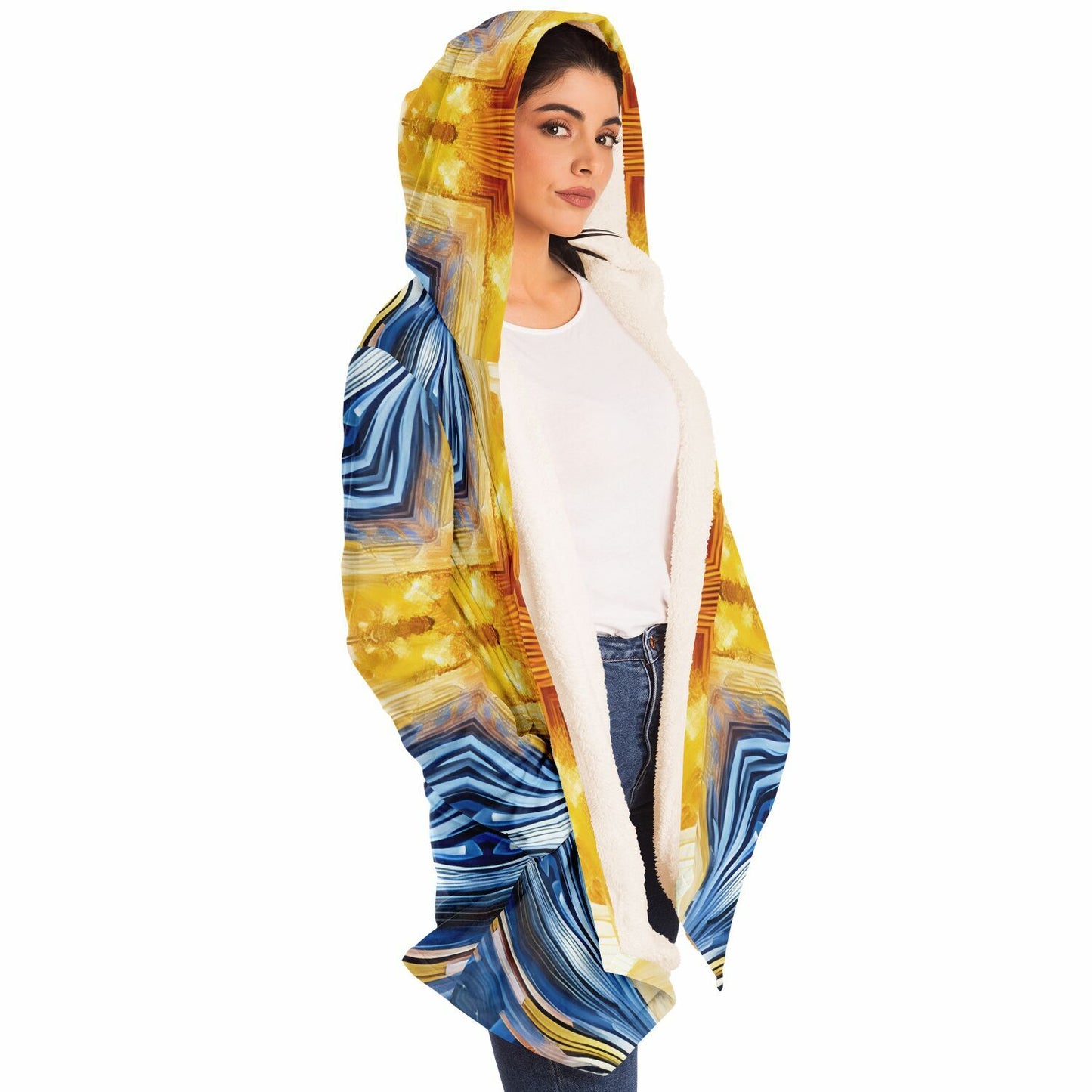 Women’s Bright Orange & Blue Abstract All Over Print Microfleece Cloak