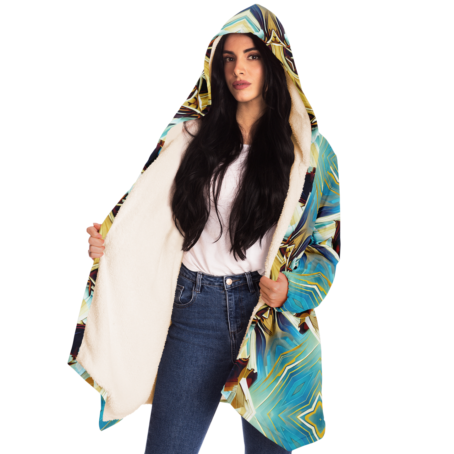 Women's Abstract Teal & Gold Pattern All Over Print Microfleece Cloak