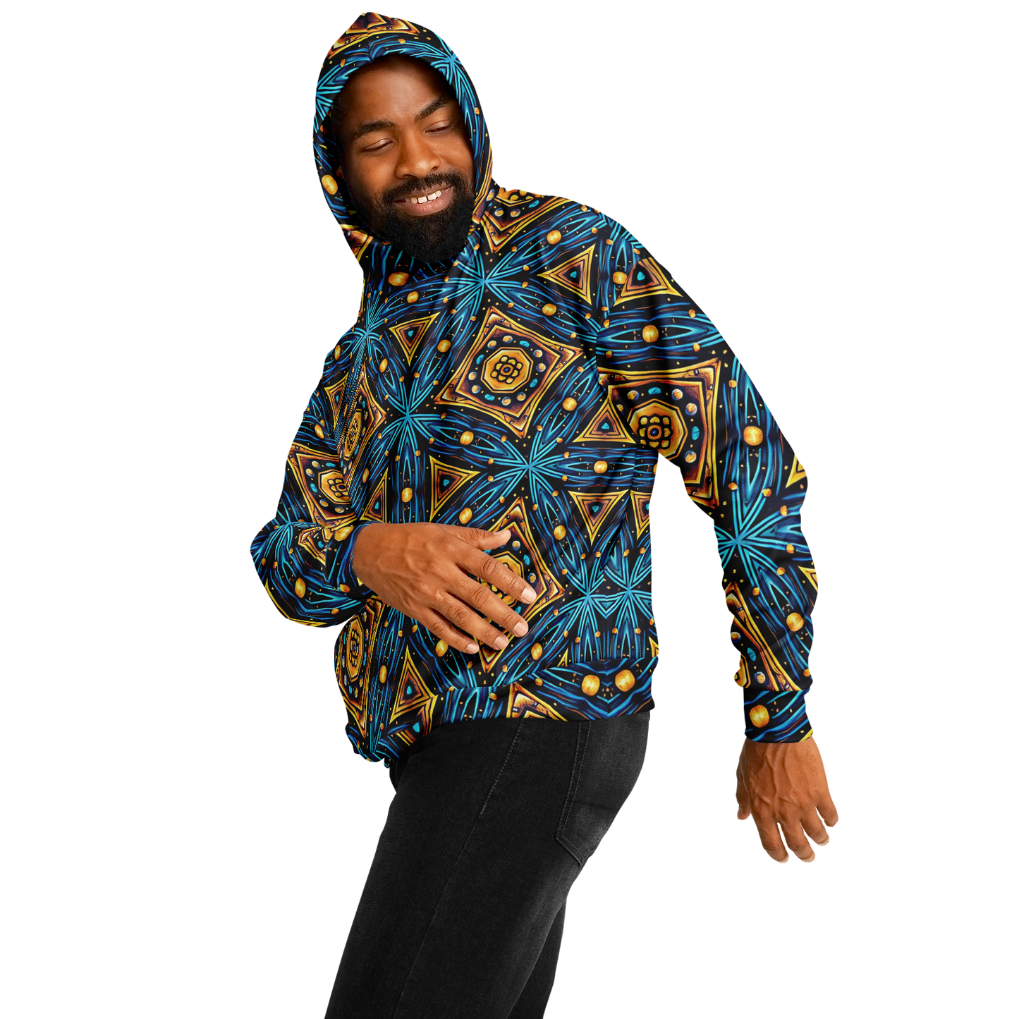Men's Blue & Gold Geometric Pattern All Over Print Heavyweight Oversized Hoodie