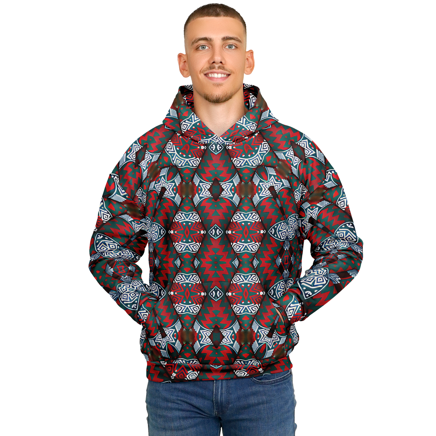 Men's Red & Teal Geometric Pattern Heavyweight Oversized Hoodie