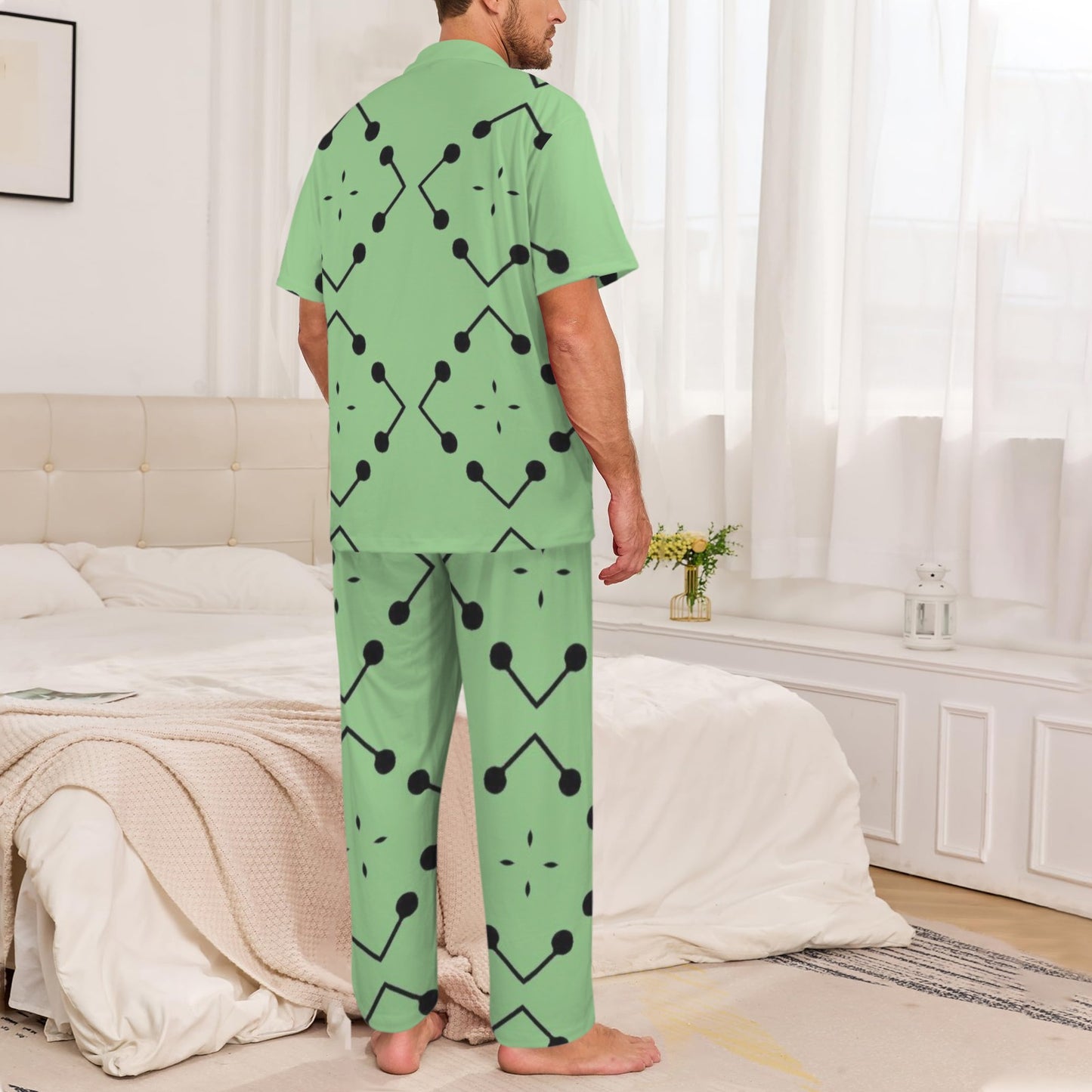 Men's Bold Green Geometric Black Dot-Node Pattern All-Over Print V-Neck Pajama Set