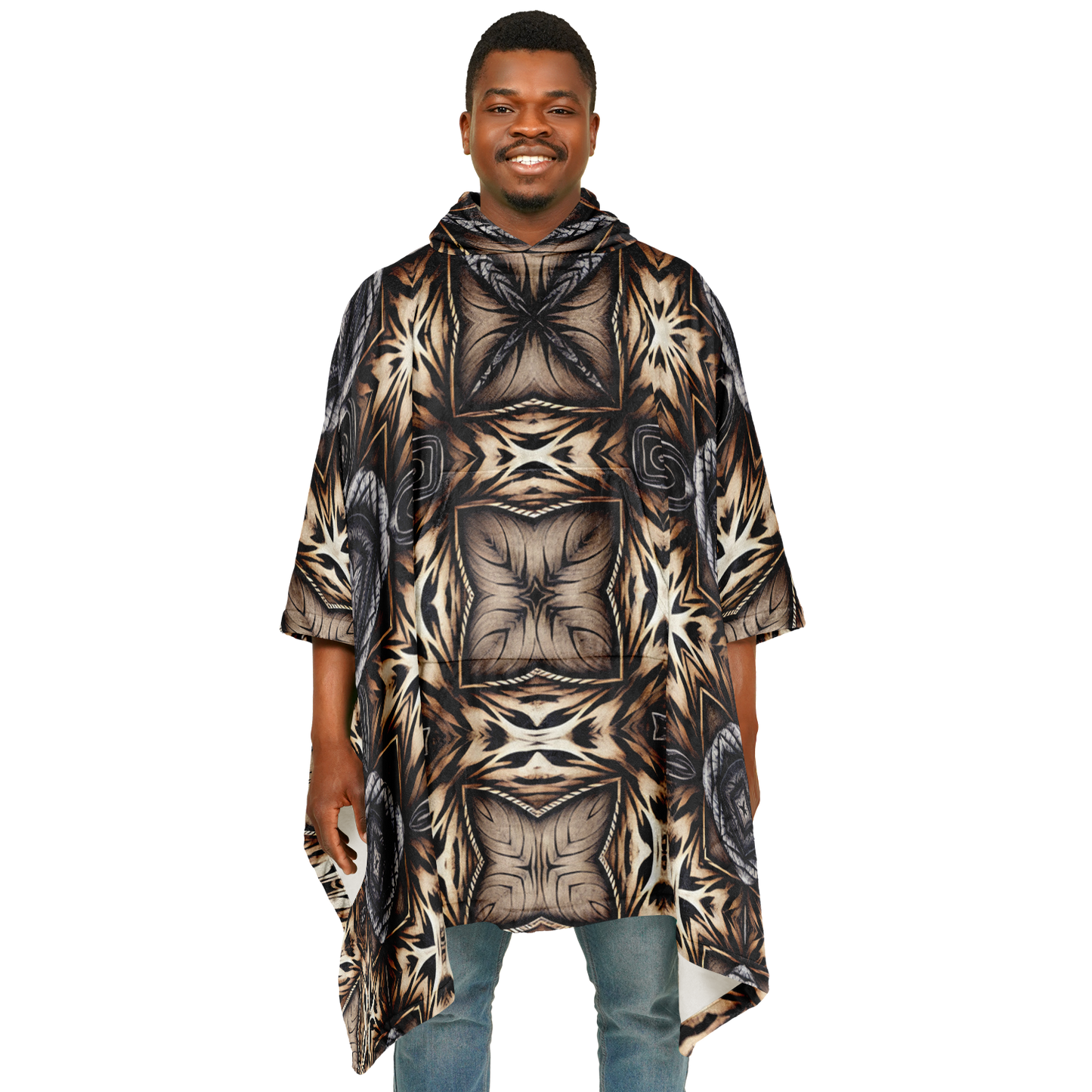 Men's Geometric Kaleidoscope Brown Pattern All Over Print Flannel Blanket Poncho