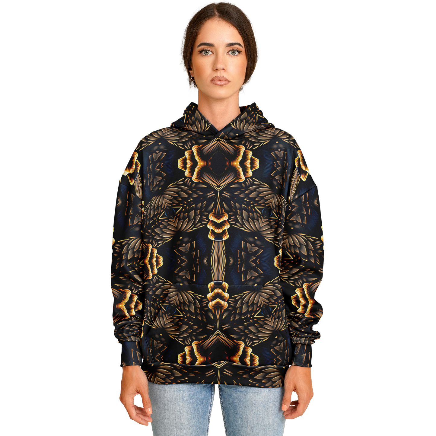 Women's Geometric Gold & Black Pattern Heavyweight Oversized Hoodie