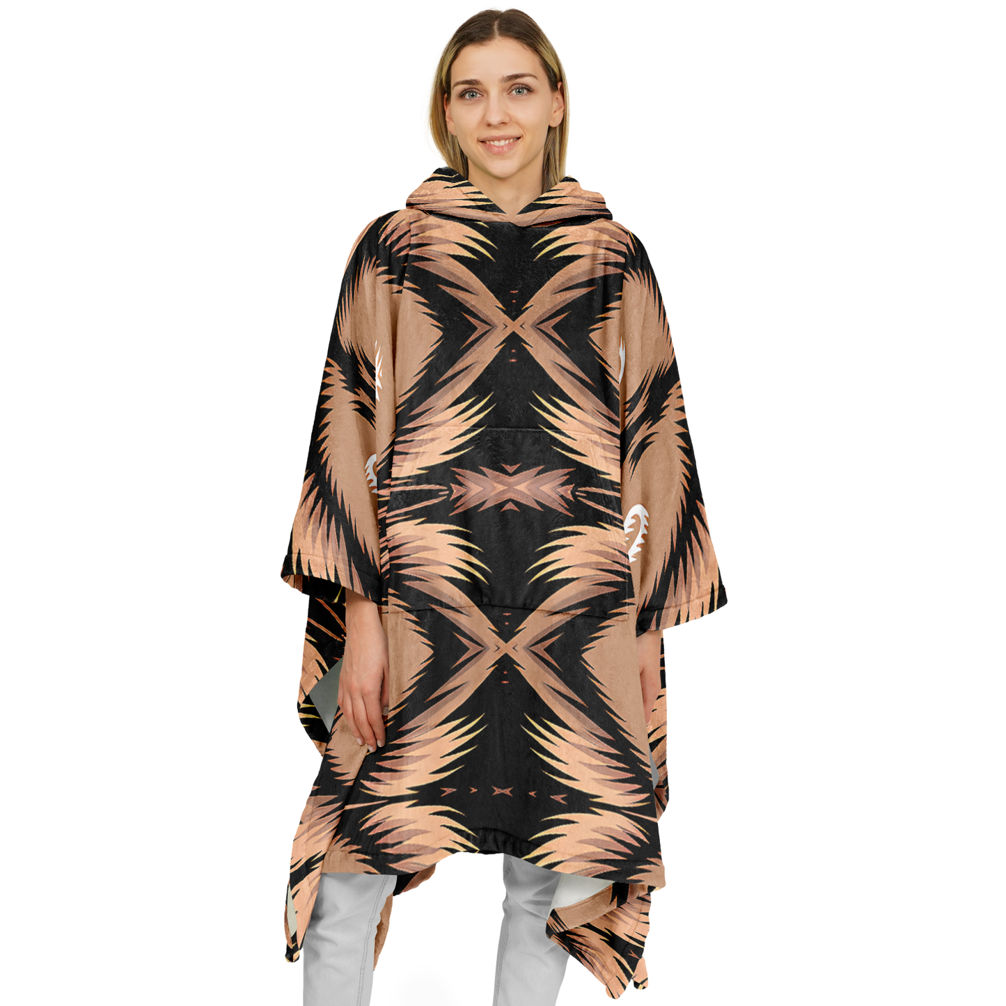 Women's Brown Geometric Pattern All-Over Print Flannel Blanket Poncho