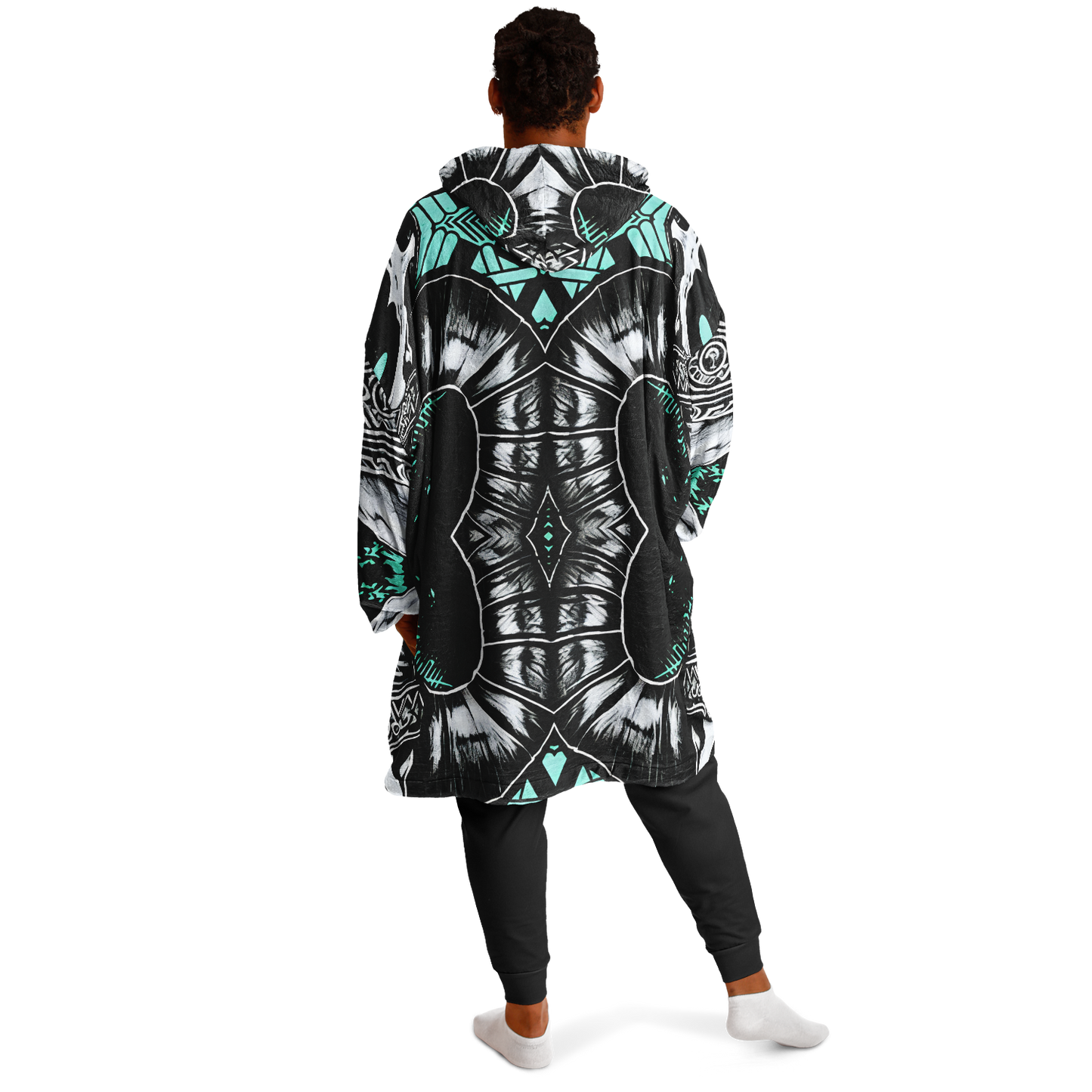 Men's Teal Black White & Green Geometric Pattern All Over Print Snug Hoodie Economy