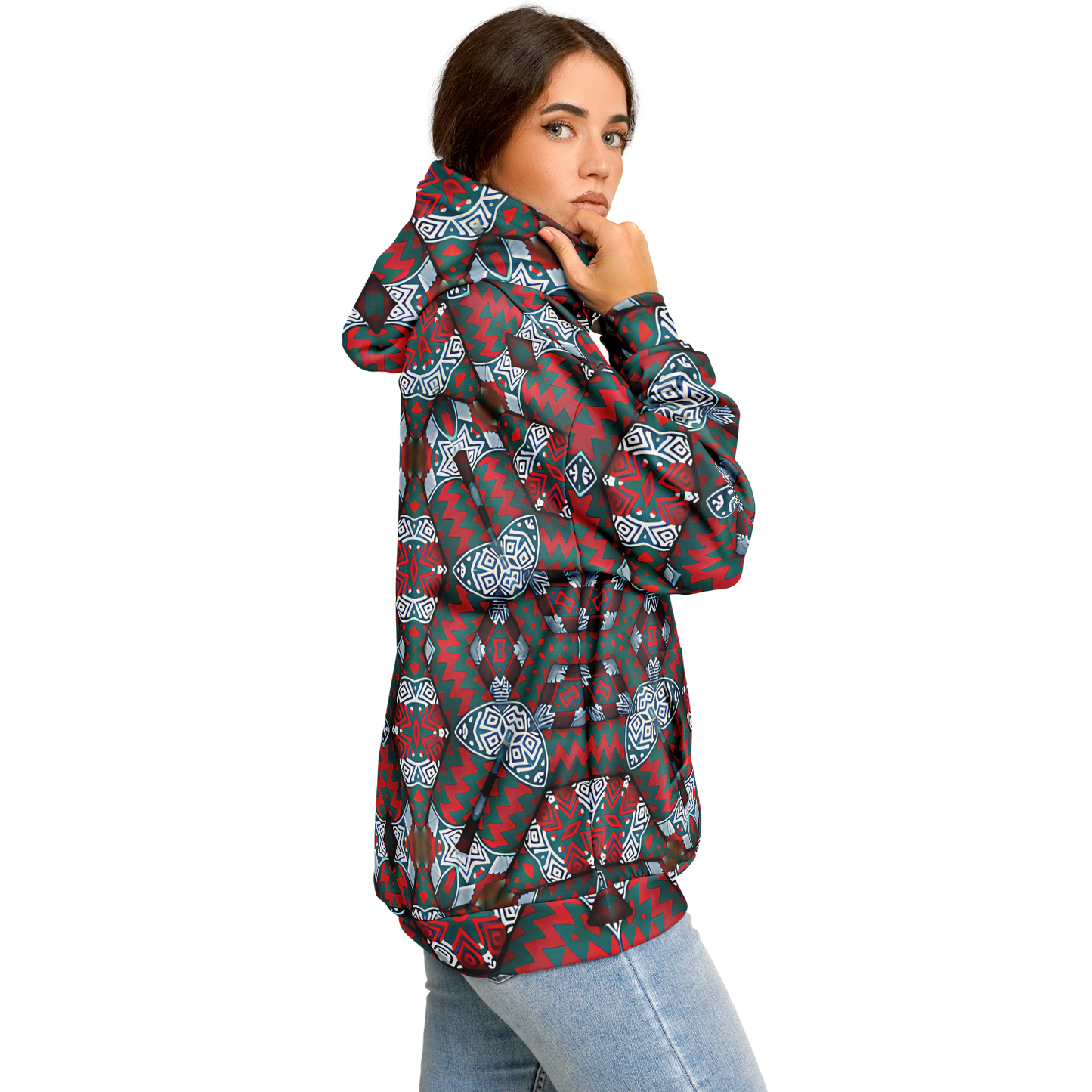 Women's Red & Teal Geometric Pattern Heavyweight Oversized Hoodie