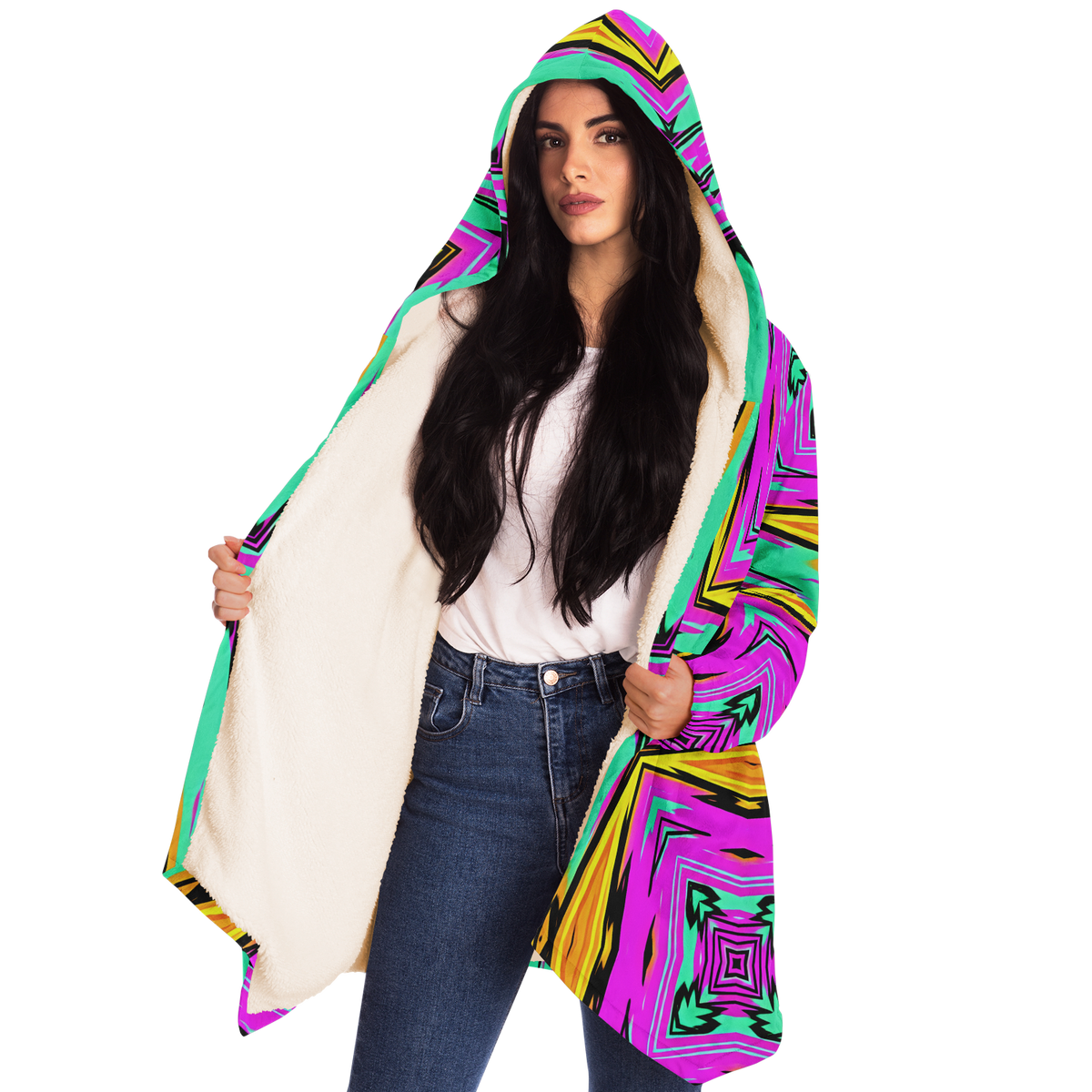 Women's Neon Geometric Star Pattern Design All Over Print  Microfleece Cloak