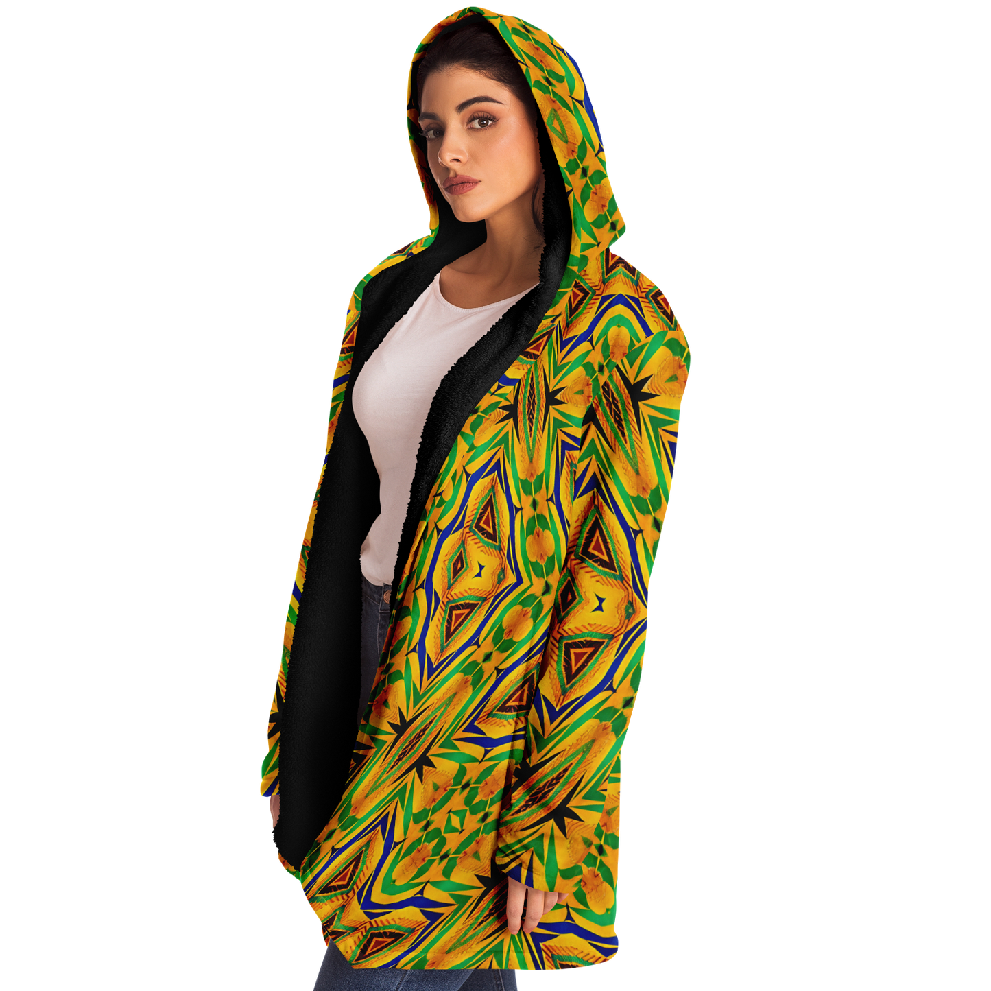 Women's Vibrant Yellow Green Geo Kente Pattern All-Over Print Microfleece Cloak