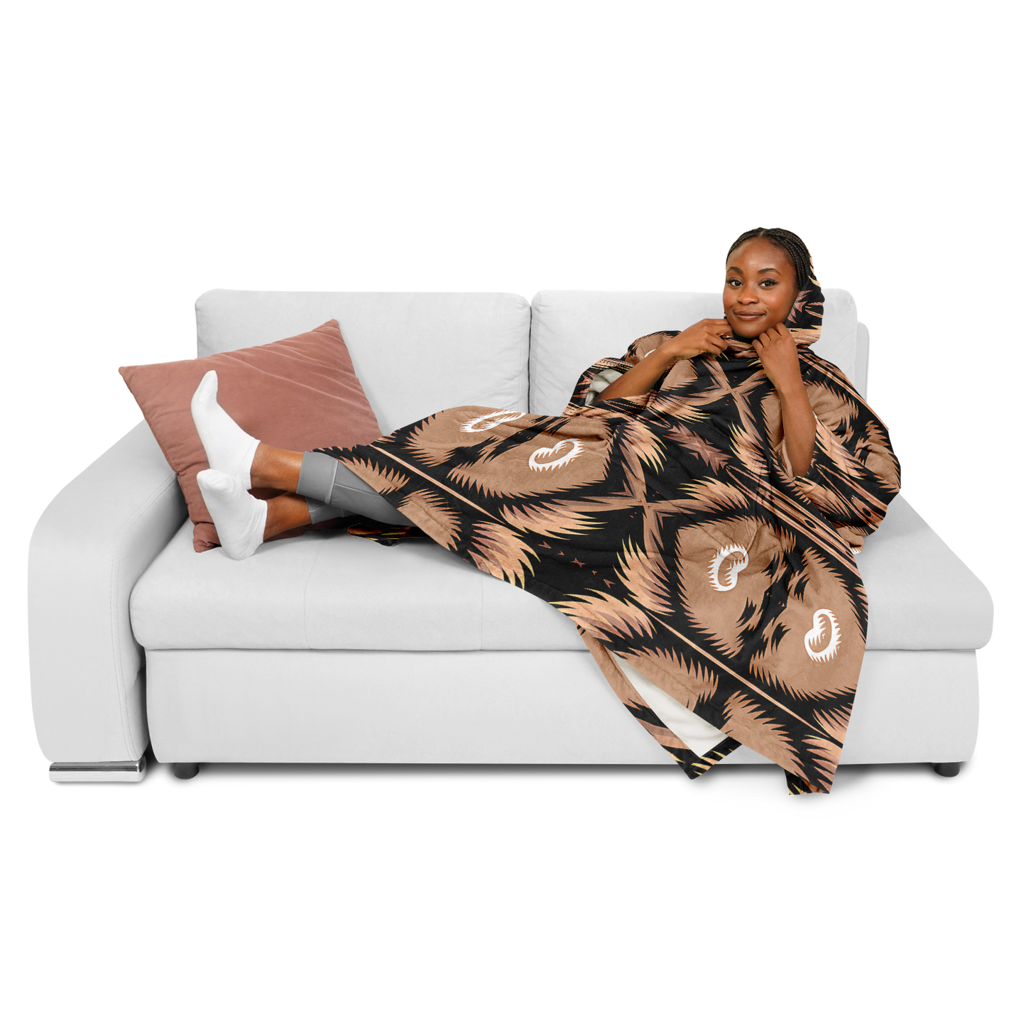 Women's Brown Geometric Pattern All-Over Print Flannel Blanket Poncho