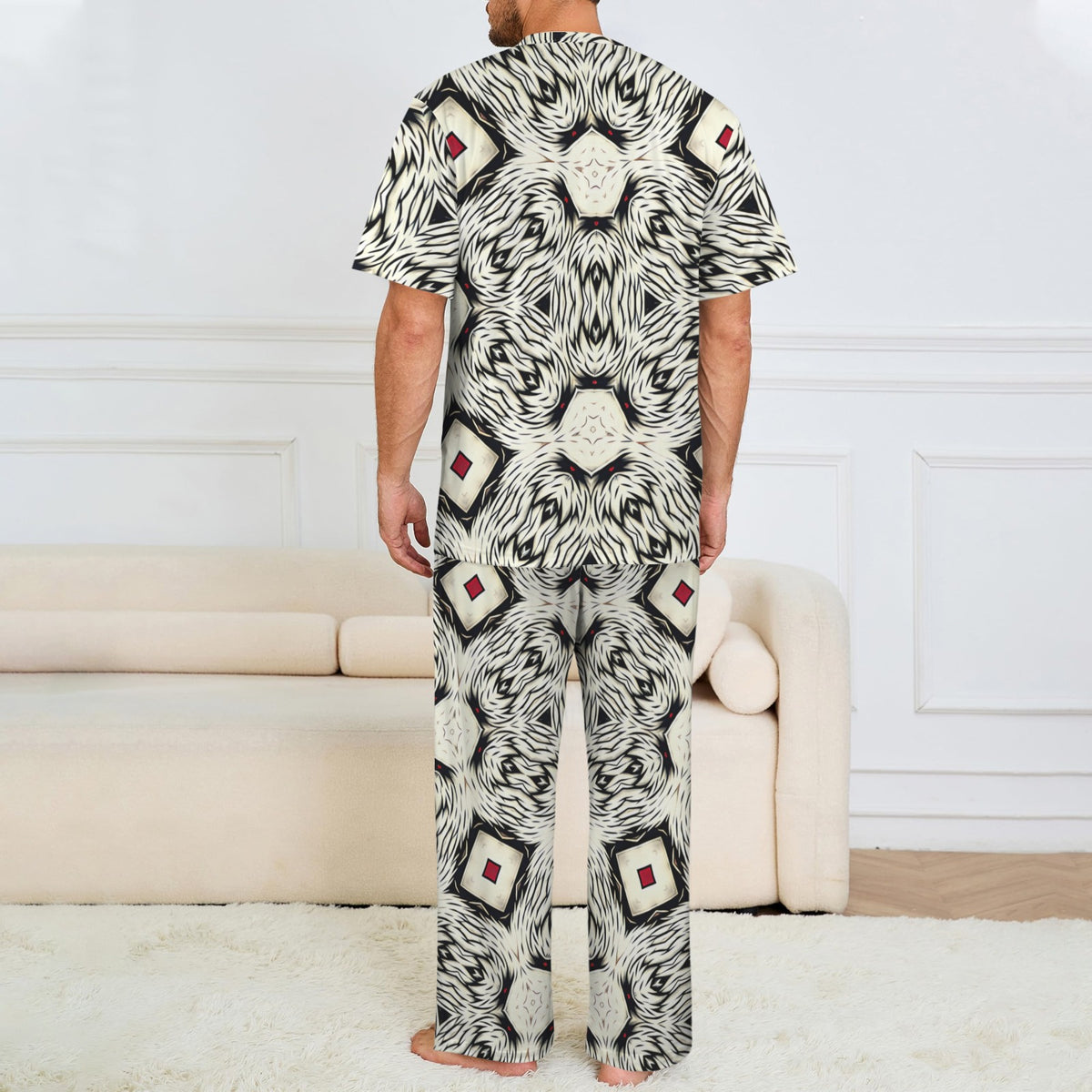 Men's Black & White Abstract Pattern Design All Over print Men's Crew Neck Pajama Set