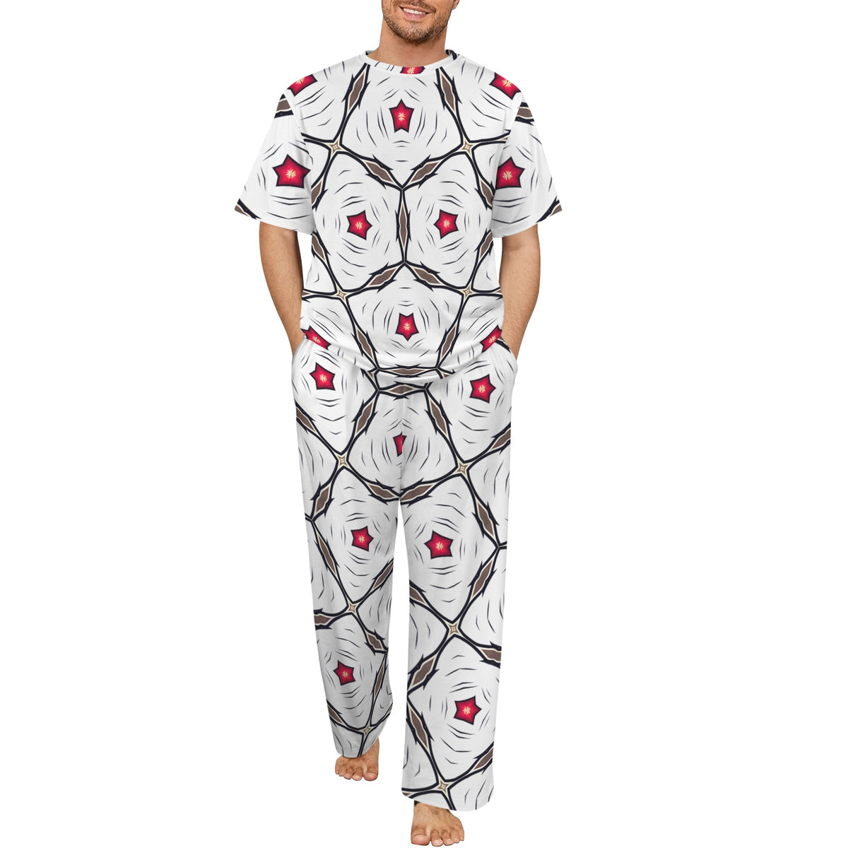 Men's Geometric White Red Patterned Design All-Over Print Men's Crew Neck Pajama Set