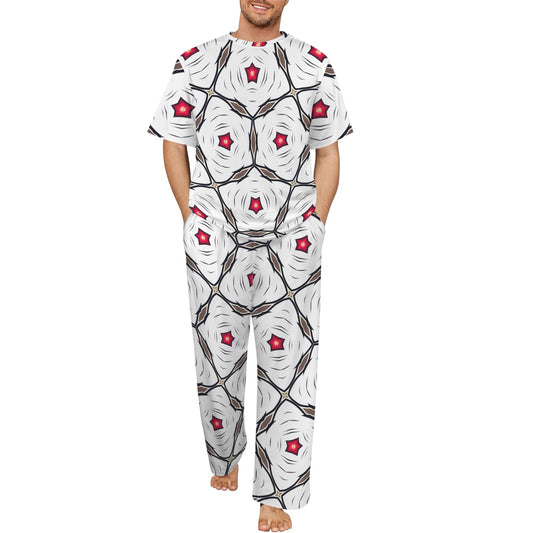 Men's Geometric White Red Patterned Design All-Over Print Crew Neck Pajama Set