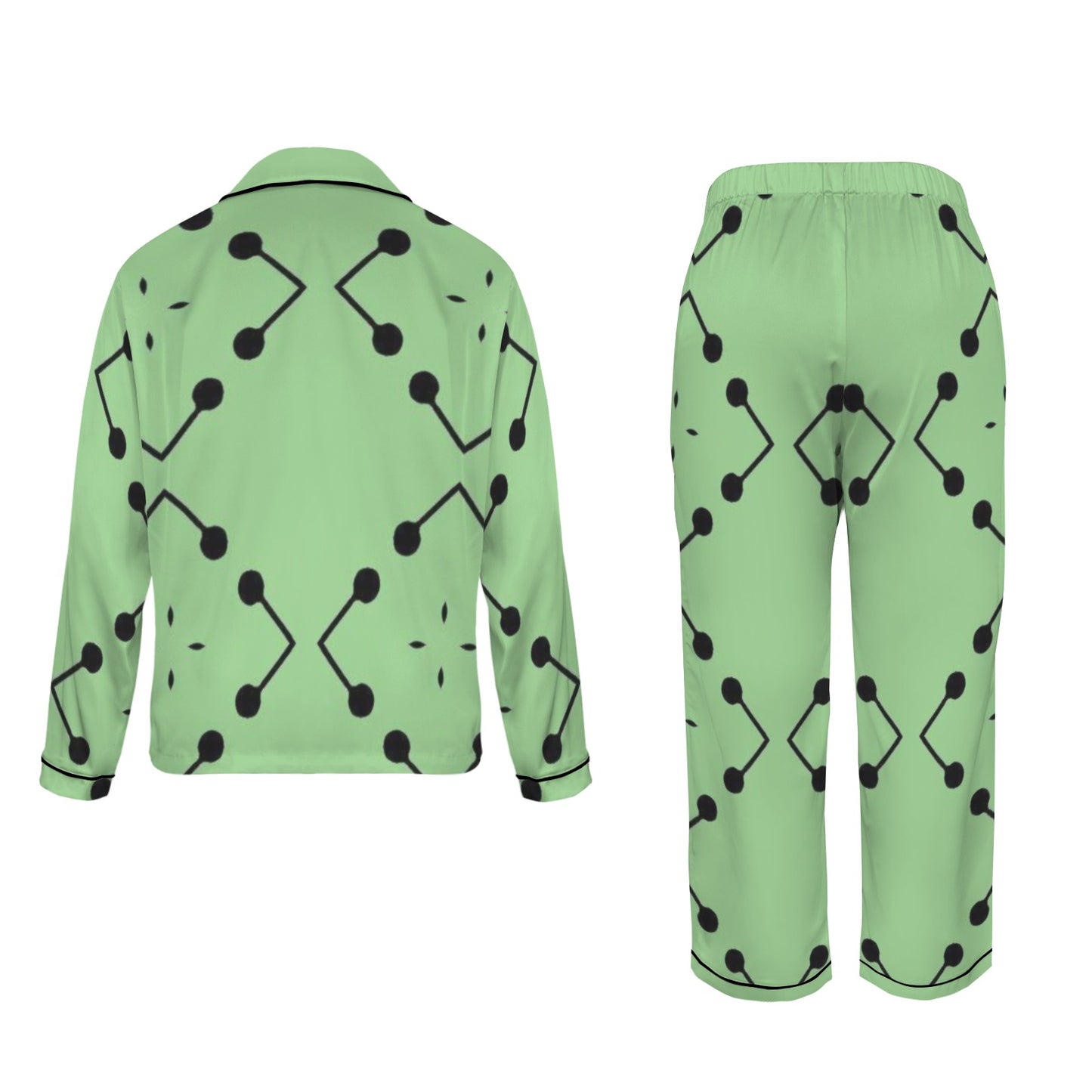 Women's Bold Green Geometric Black Dot-Node Pattern All-Over Print Long Sleeve Satin Pajama Set
