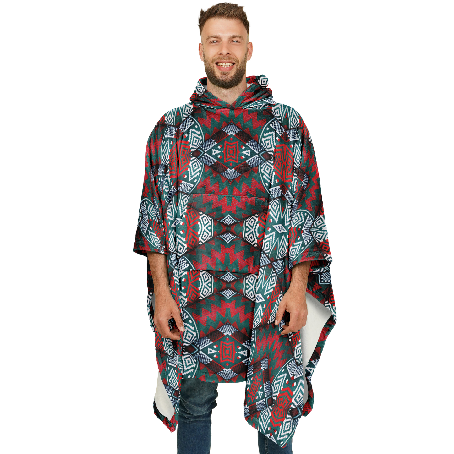 Men's Red, Green & Teal Tribal Geometric Pattern All-Over Print Flannel Blanket Poncho