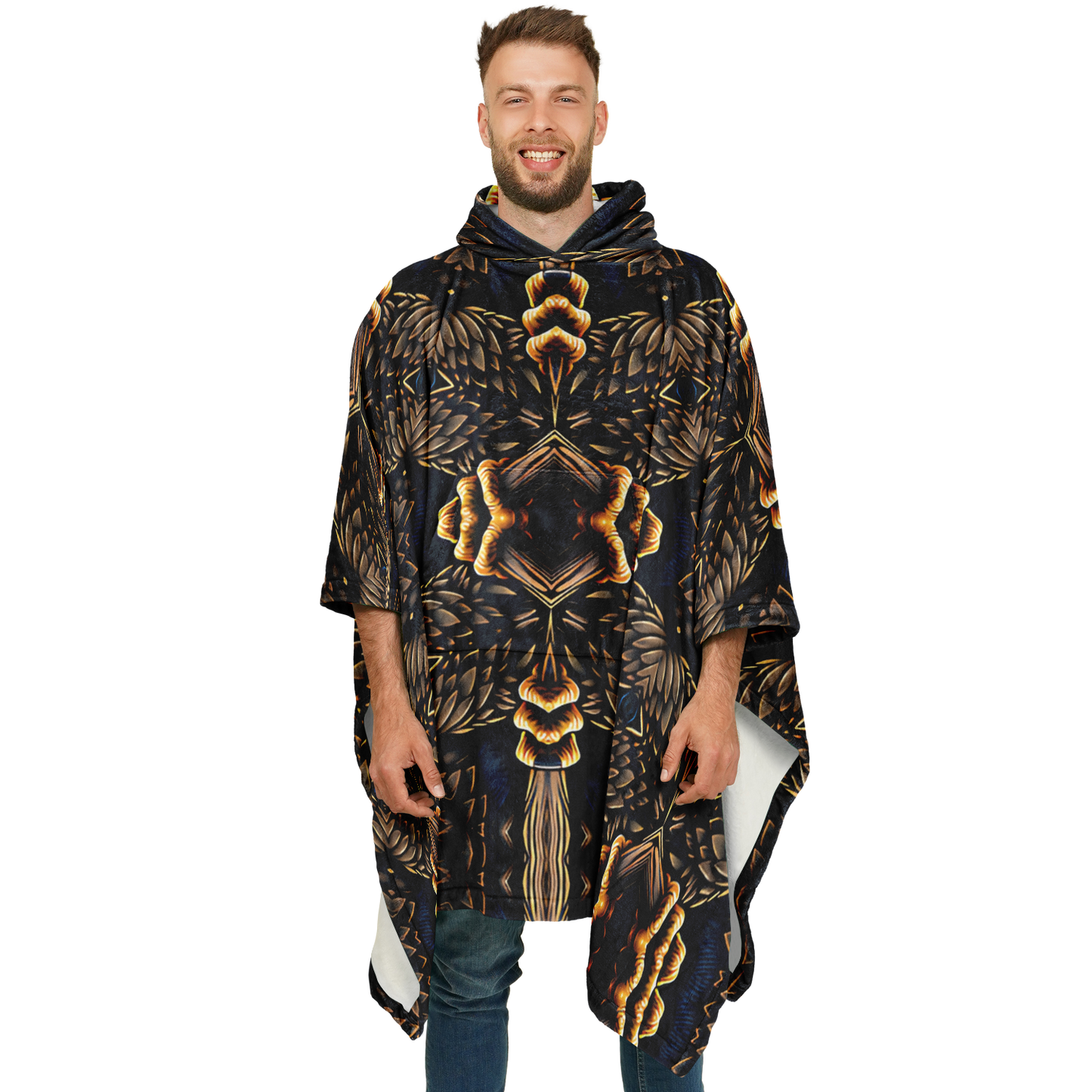 Men's Geometric Gold & Black Pattern Flannel Blanket Poncho