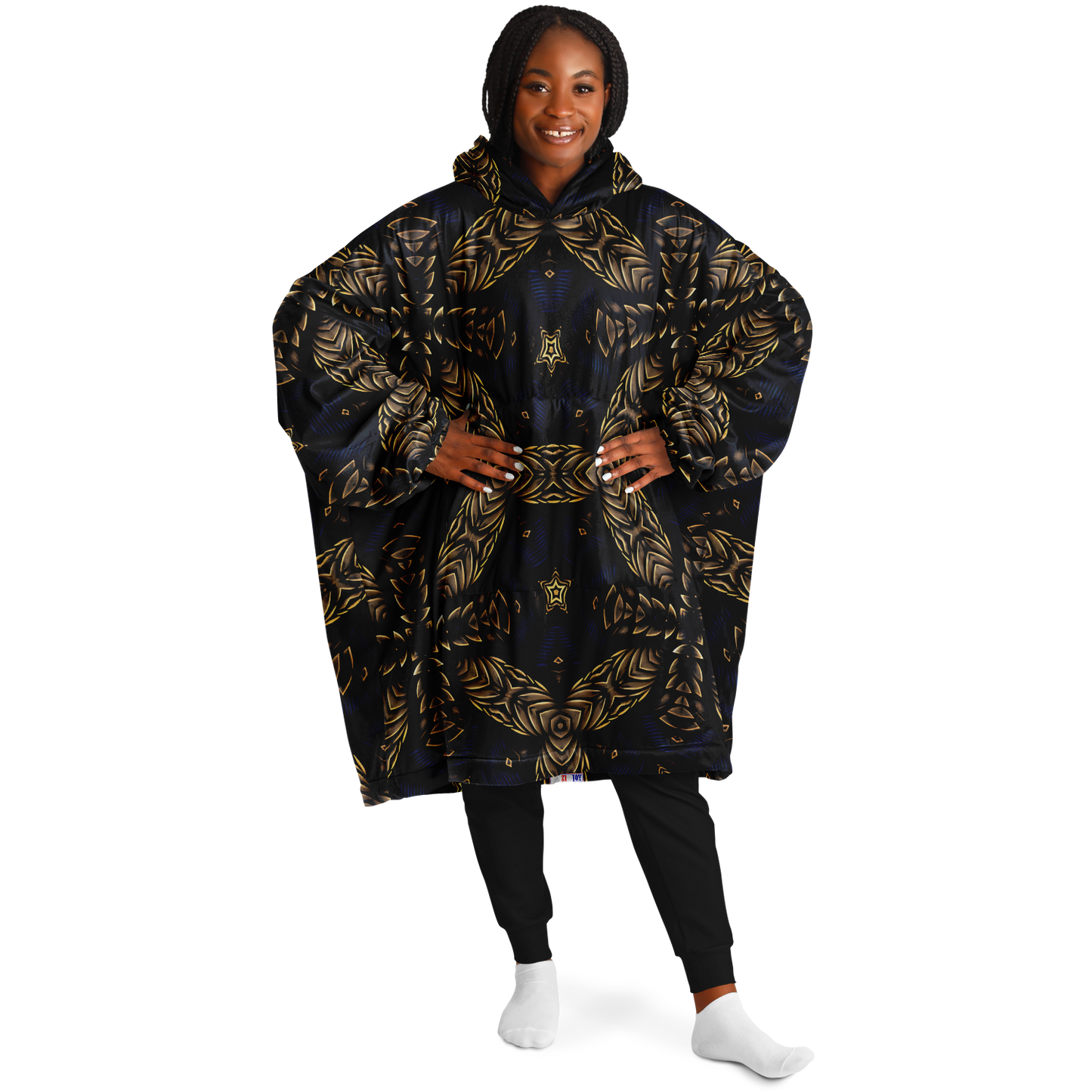 Women's Asymmetrical Gold, Blue & Black Pattern All Over Print Snug Hoodie