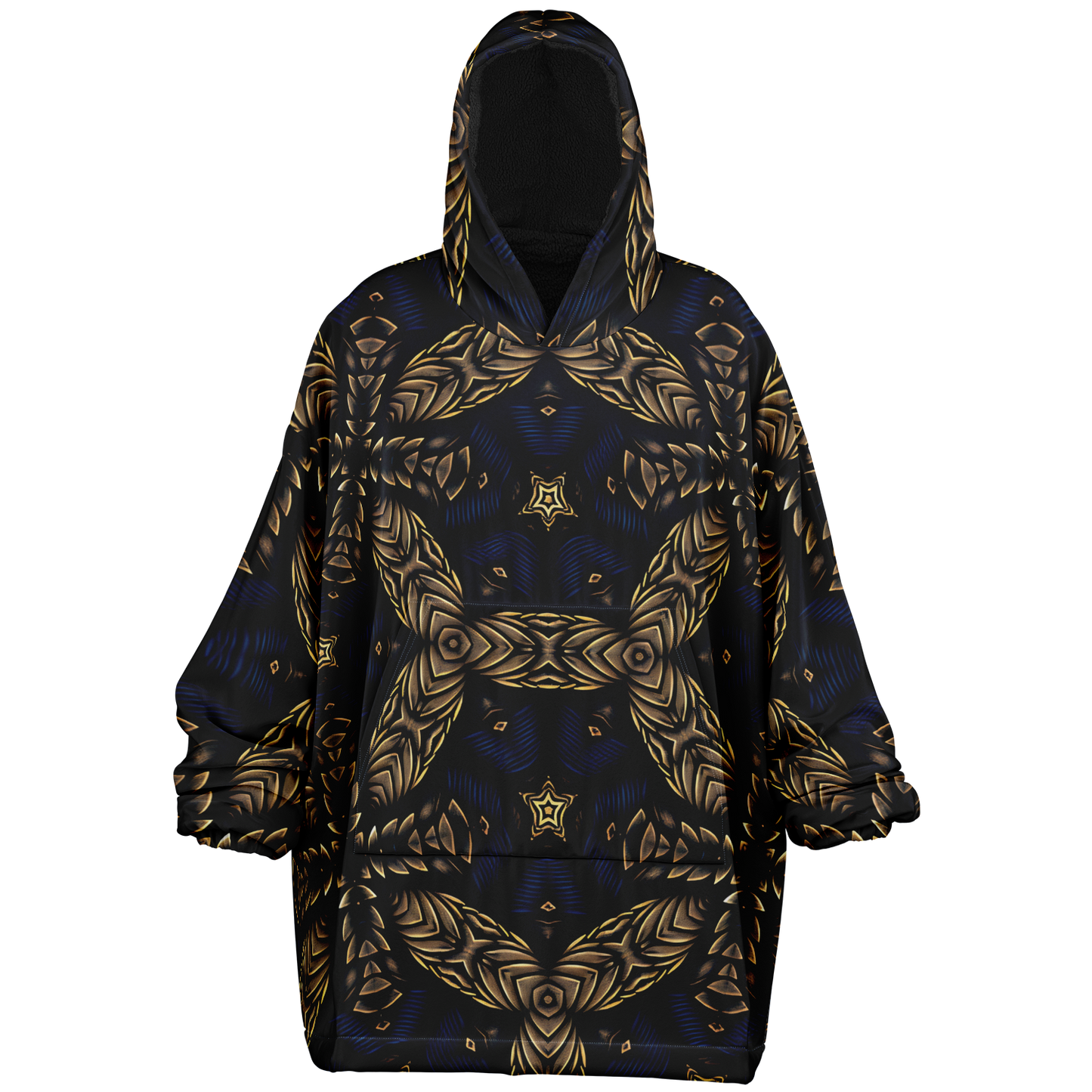 Men's Asymmetrical Gold, Blue & Black Pattern All Over Print Snug Hoodie