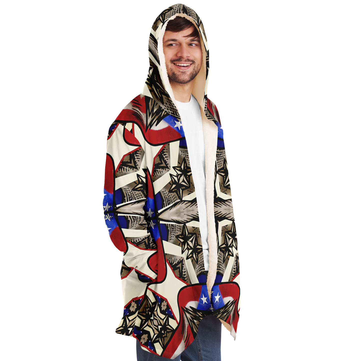 Men's Patriotic Star Kaleidoscope Pattern All-Over Print Microfleece Cloak