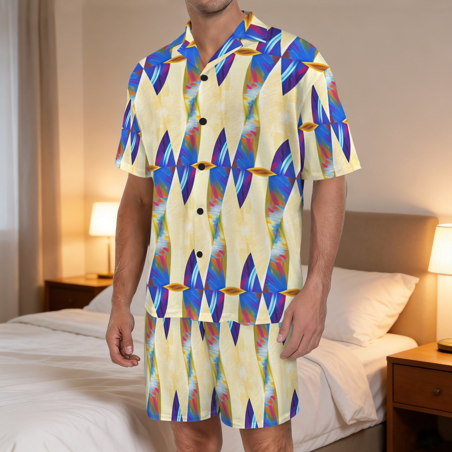Men's Abstract Blue Wave Pattern All Over Print V-Neck Short Pajama Set