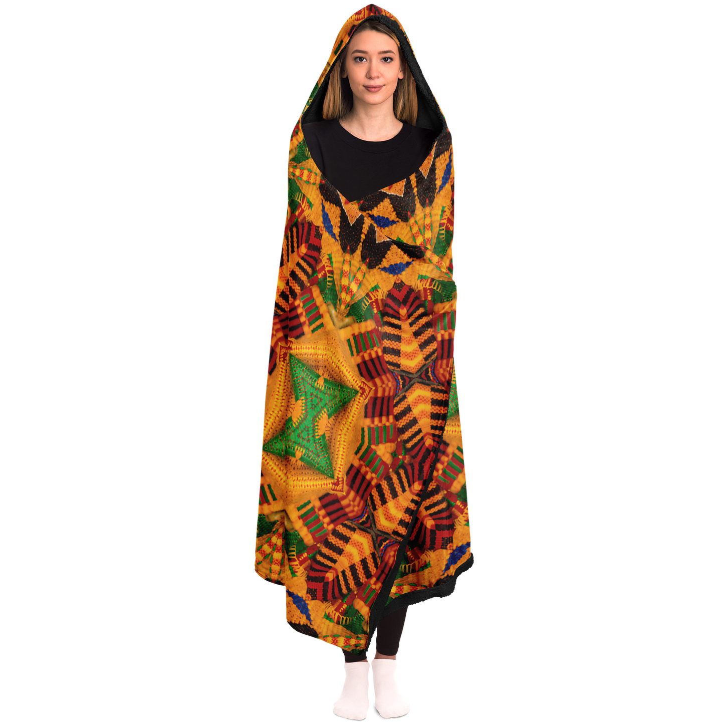 Women's Vibrant Orange & Green Geometric Pattern Hooded Blanket Micro Fleece