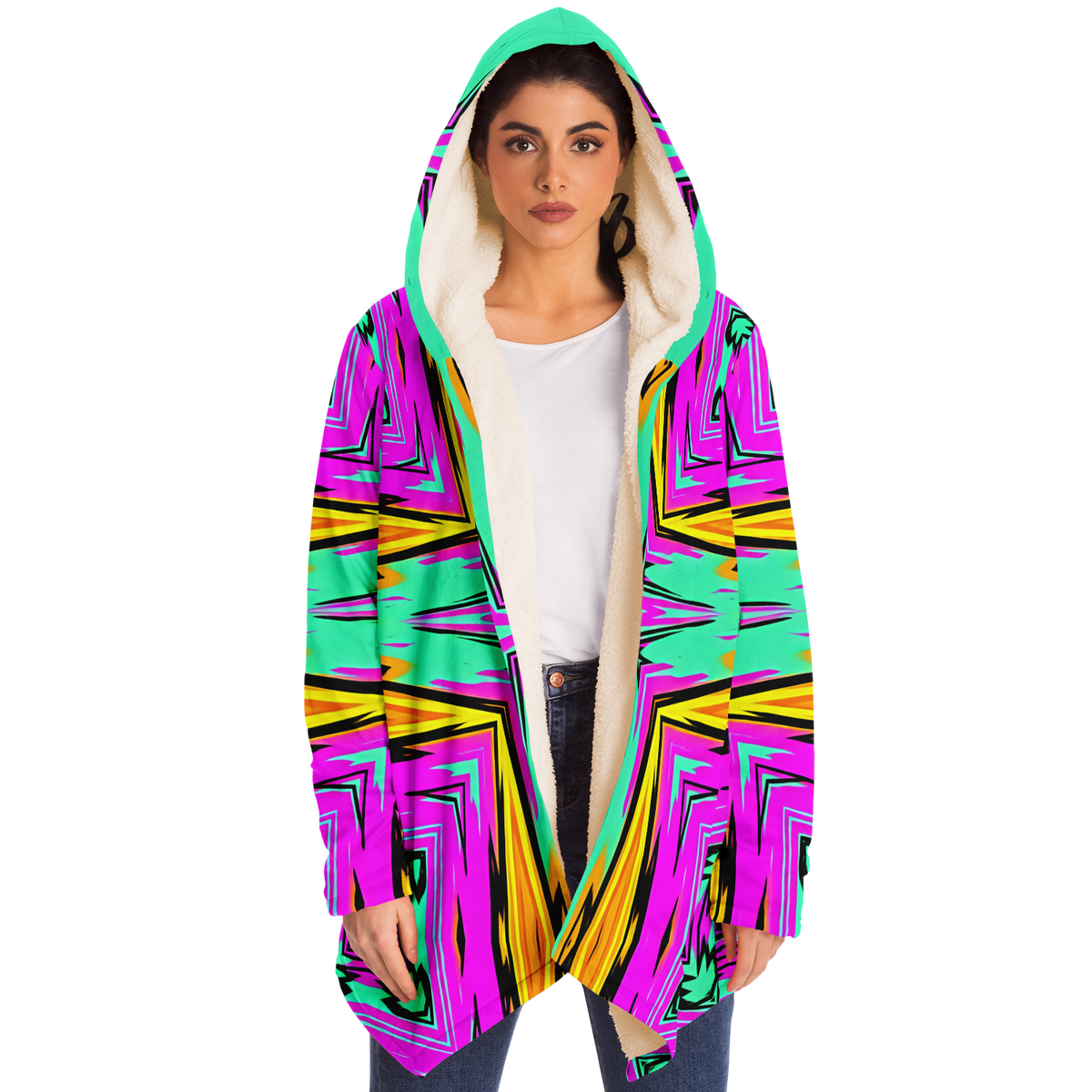 Women's Neon Geometric Star Pattern Design All Over Print  Microfleece Cloak