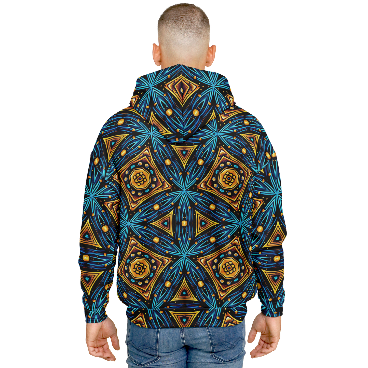 Men's Blue & Gold Geometric Pattern All Over Print Heavyweight Oversized Hoodie