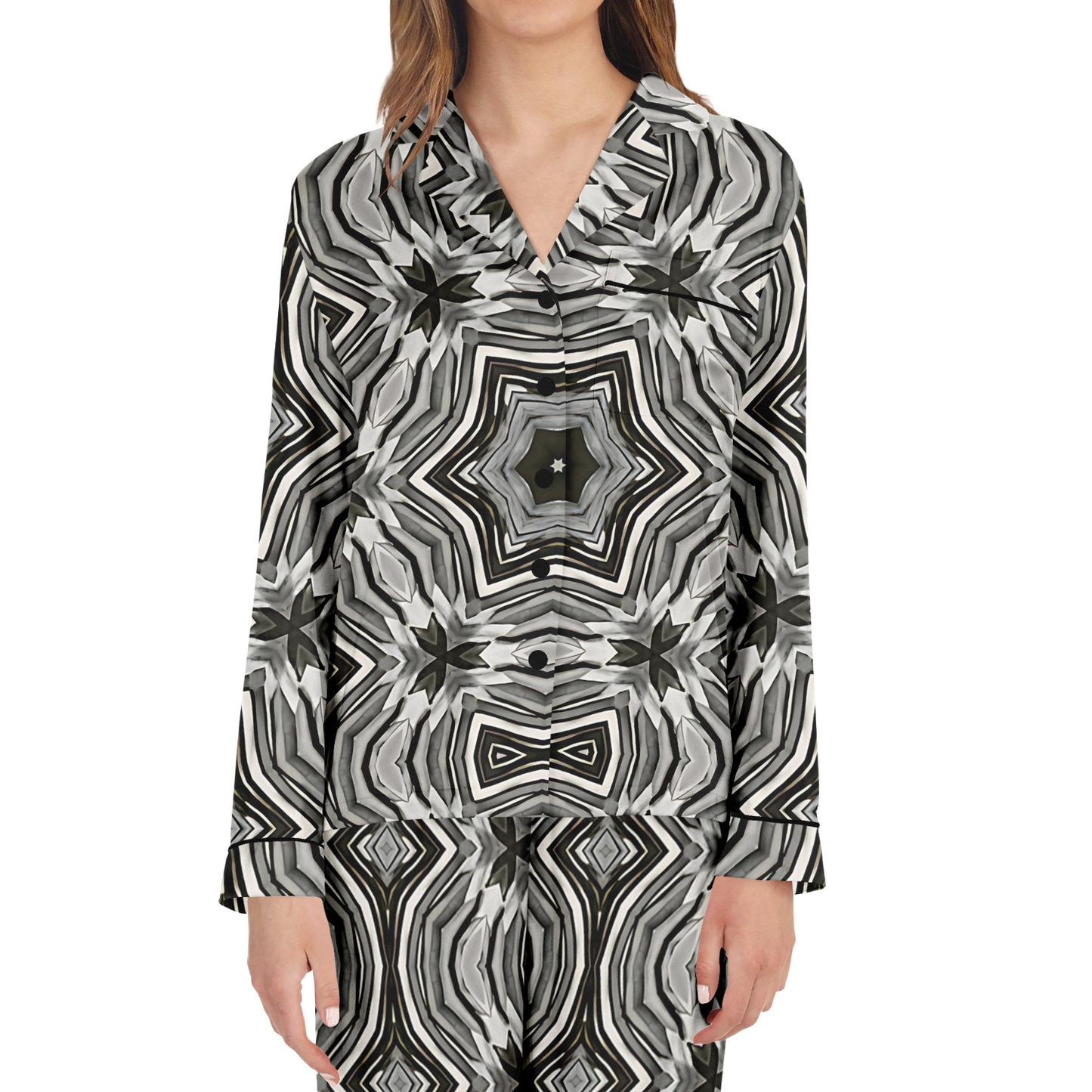 Women's Monochrome Kaleidoscope Pattern Satin Pajamas
