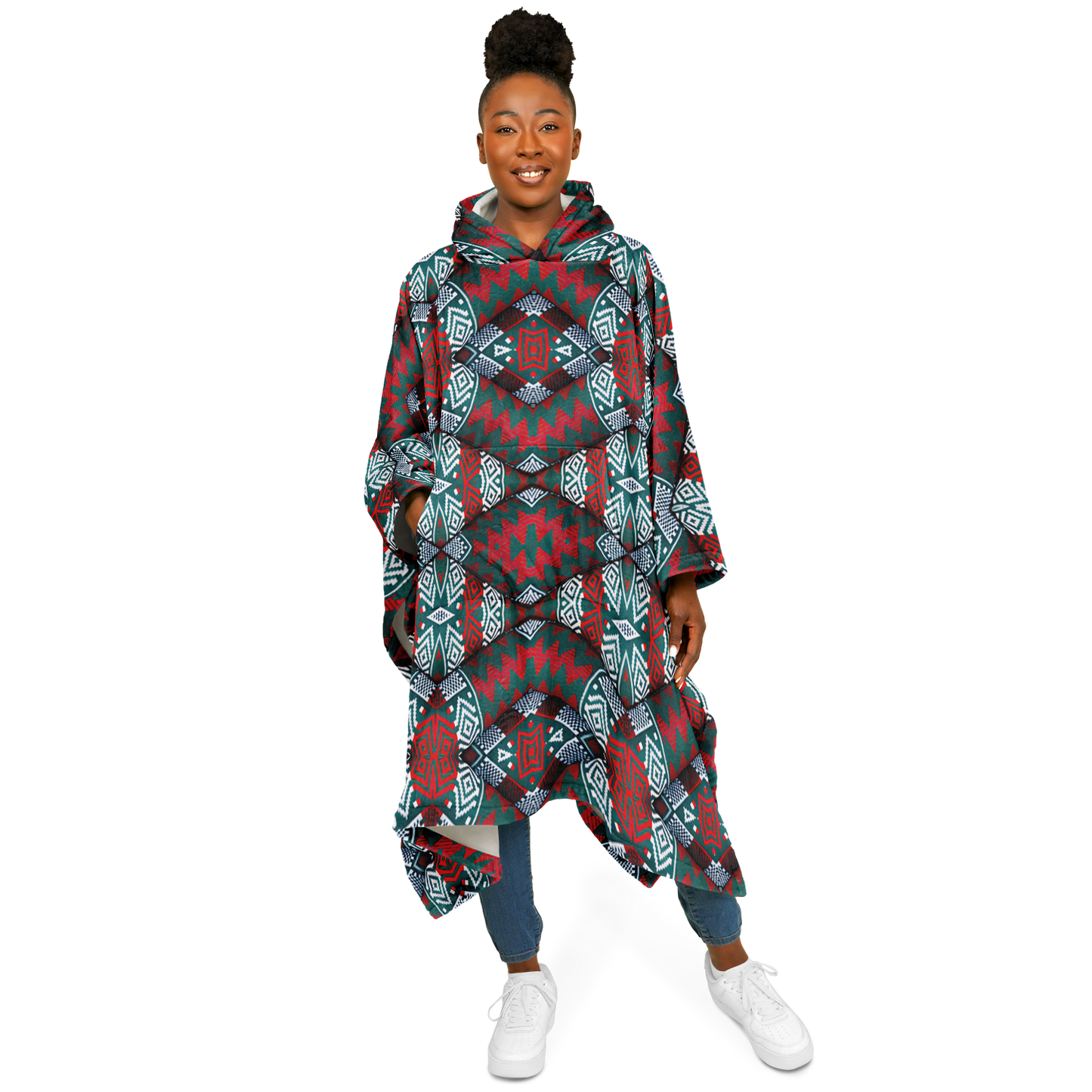 Women's Red, Green & Teal Tribal Geometric Pattern All-Over Print Flannel Blanket Poncho