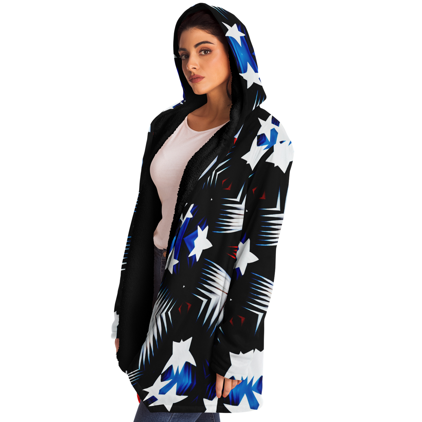 Women's Patriotic Starburst Pattern All-Over Print Microfleece Cloak