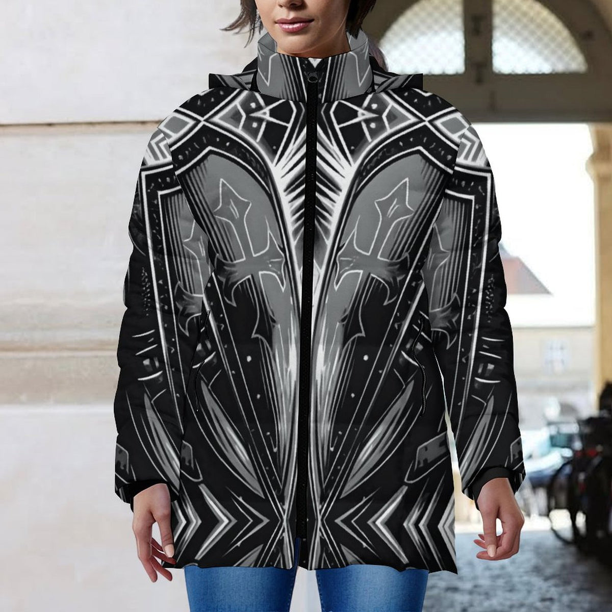 Women's Black & Silver Symmetry Pattern All-Over Print Hooded Puffer Coat
