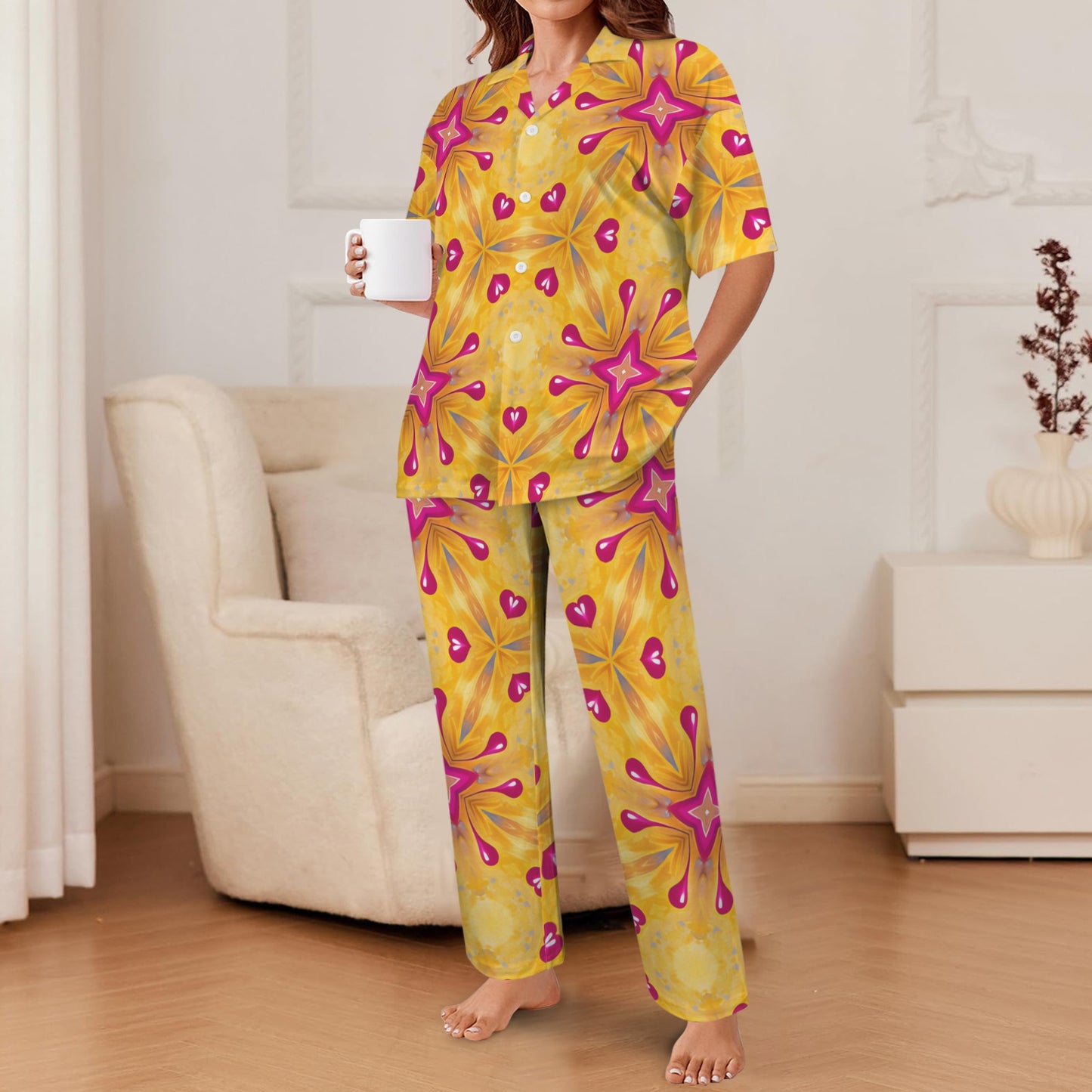 Women's Yellow Kaleidoscope Heart Pattern All Over Print V-Neck Pajama Set