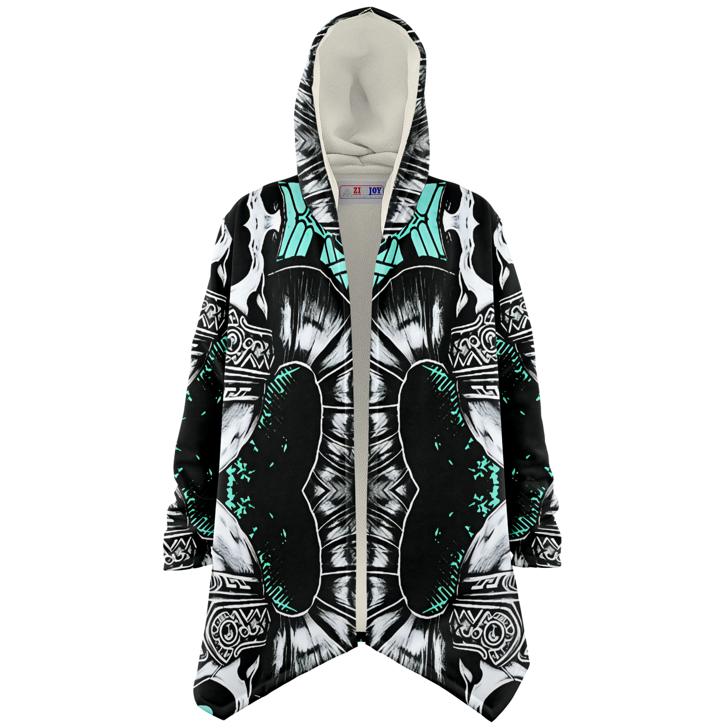 Women's Teal Black White & Green Geometric Pattern All Over Print Microfleece Cloak