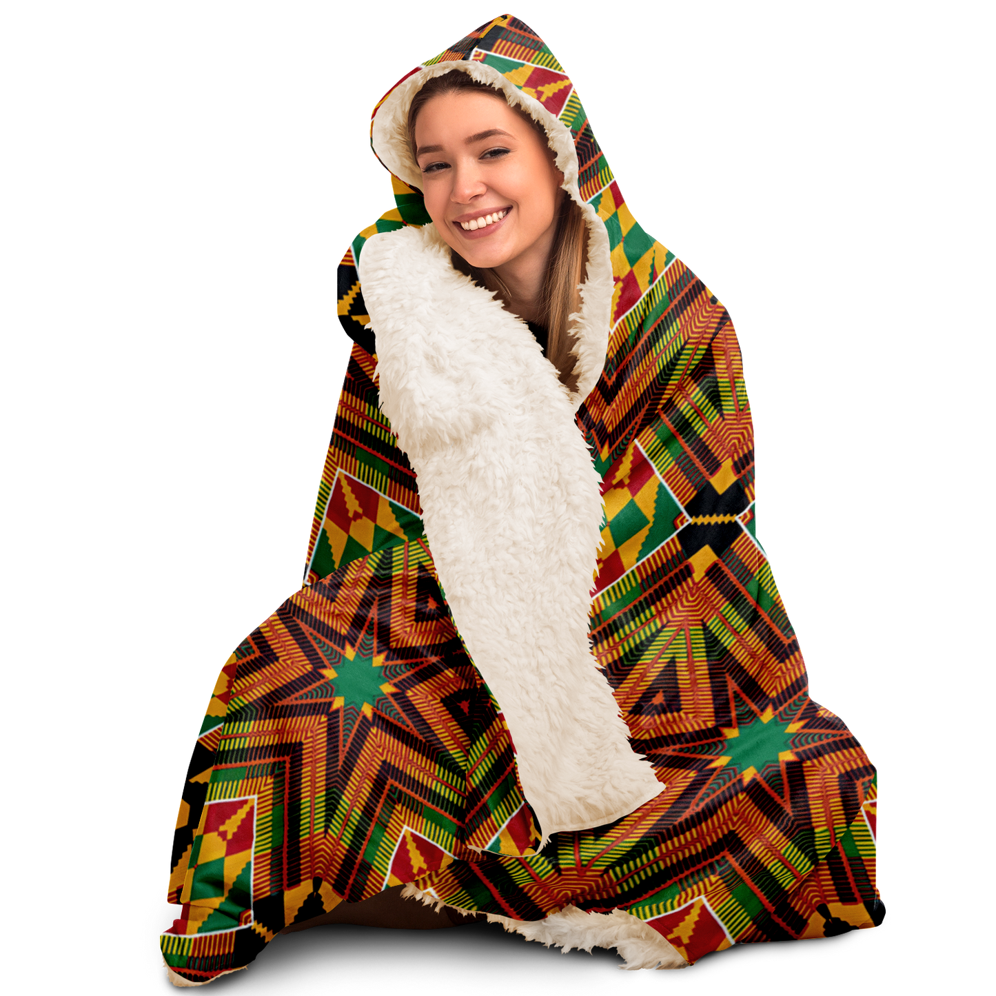 Women's - African Kente Inspired Pattern Hooded Blanket Sherpa